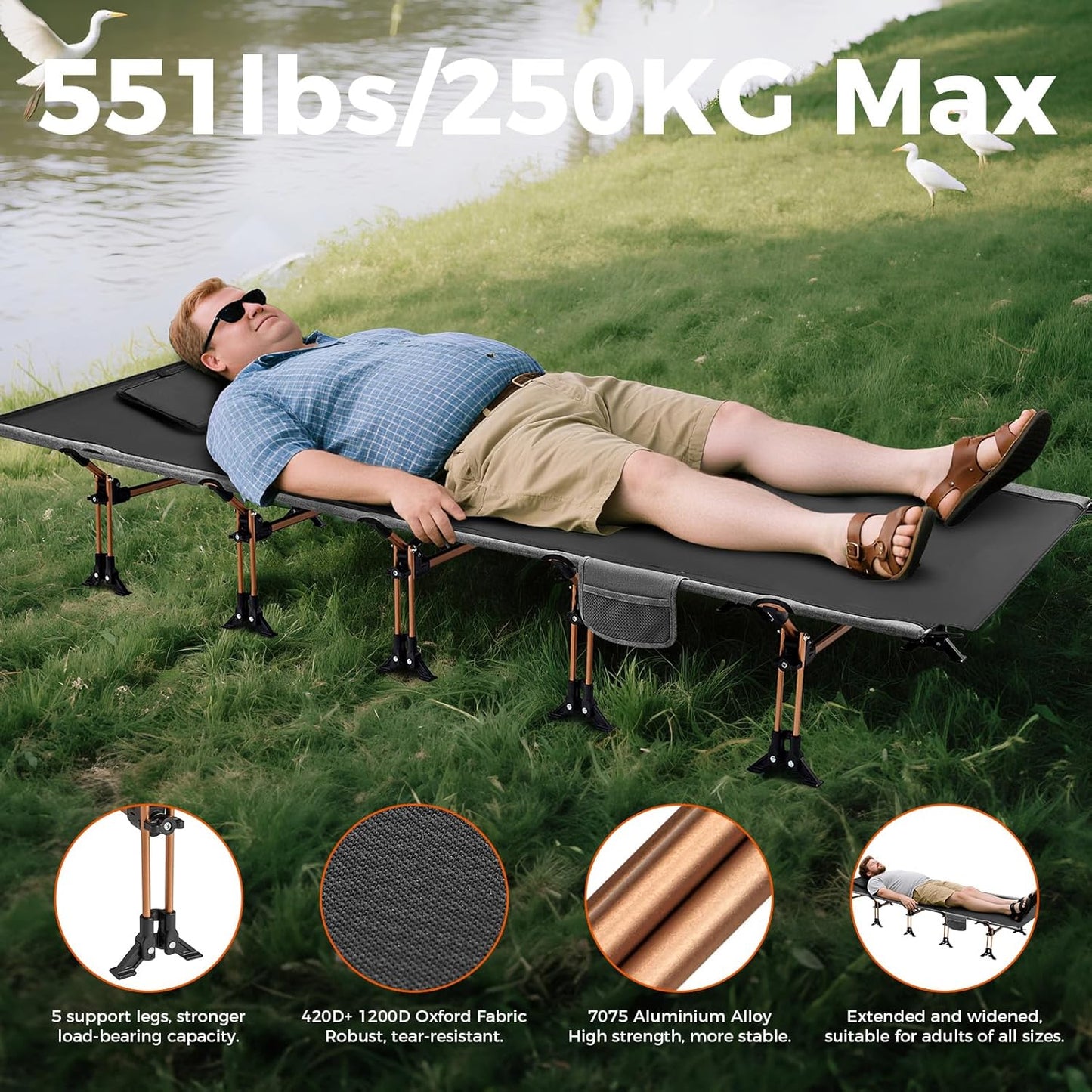 KingCamp Oversized XXL Camping Cot, Folding Portable Lightweight Ultralight Large Wide Heavy Duty 551lbs Sleeping Bed for Adult Backpacking Outdoor Travel Hiking Tent, Black