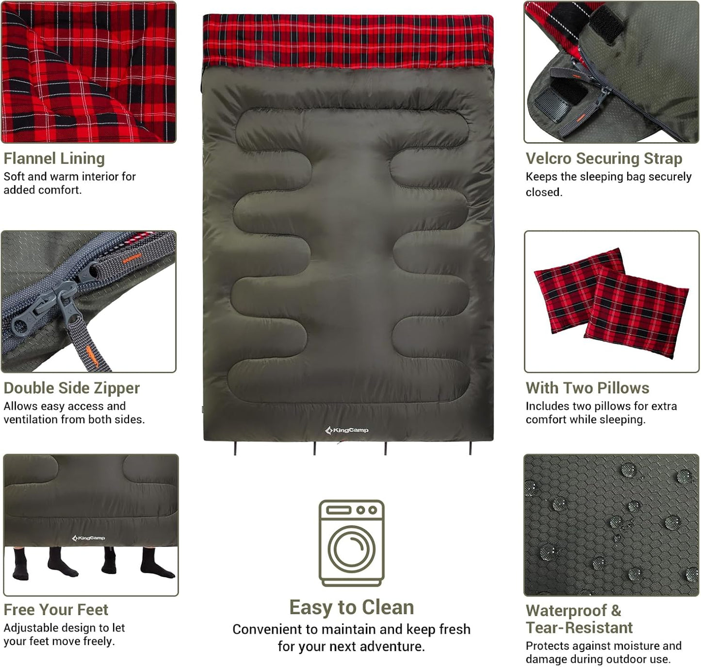 KingCamp Double Sleeping Bag for Adults, Queen Size 2 Person XXL Flannel Sleeping Bag, Waterproof Lightweight Flannel Quilt with 2 Pillows, Perfect for Couples Family Camping Hiking