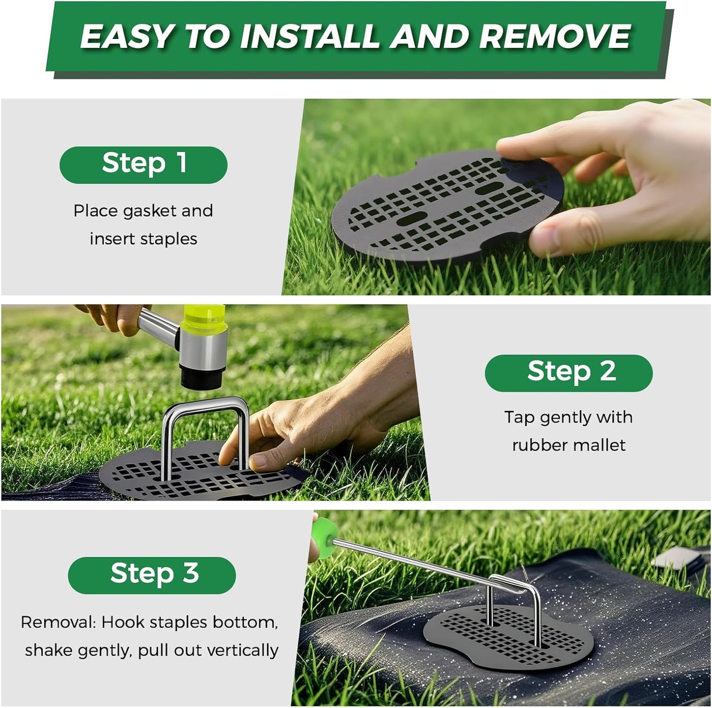 150Pcs Landscape Fabric Pins+150Pcs Gasket+Pick Hook+Rubber Mallet, 6 Inch Landscape Fabric Staples 11 Gauge U Shaped Galvanized Landscape Pins Yard Ground Pin for Weed Barrier Sod Fabric Decoration