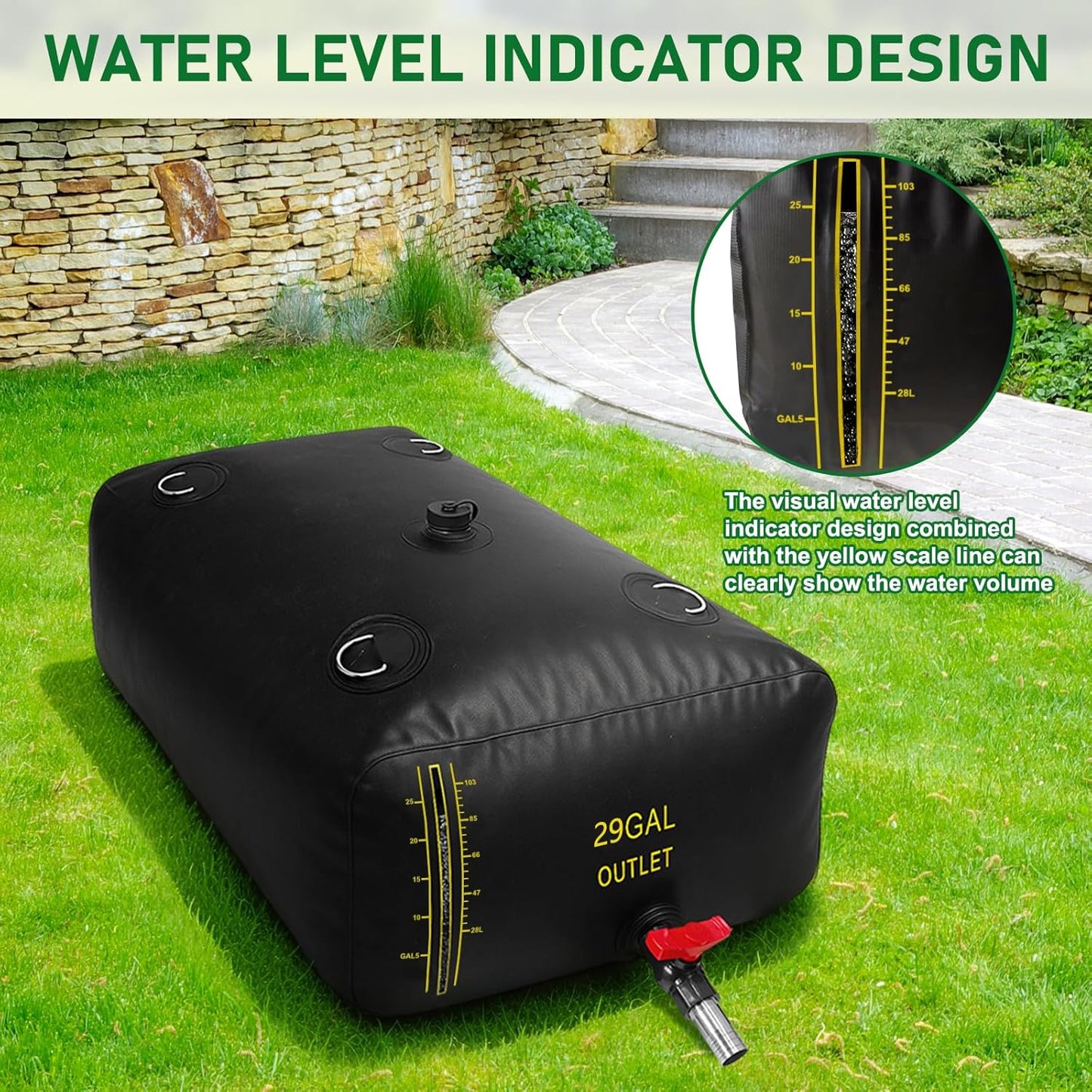 110L/29 Gal Water Bladder with Water Level Indicator, PVC Foldable and Portable Water Tank with 3 Connectors and Overflow Kit, Ideal for RV, Camping, Rainwater Collecting,Planting Watering