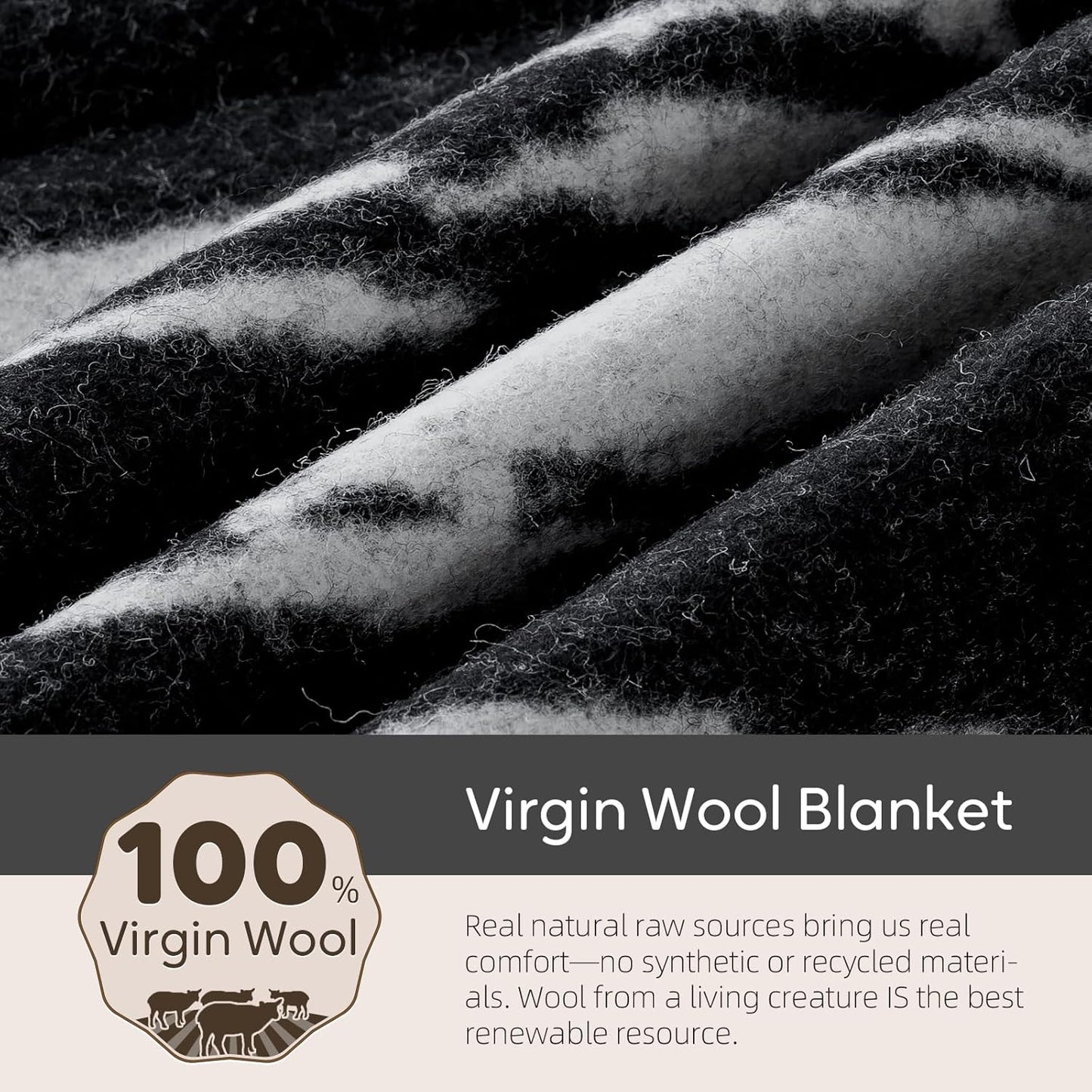 100% Wool Blanket, 48" x 62", Warm, Thick, Washable, Military Wool Blanket, Great for Camping, Outdoors, Sporting Events, Survival Kits,Black White Striped