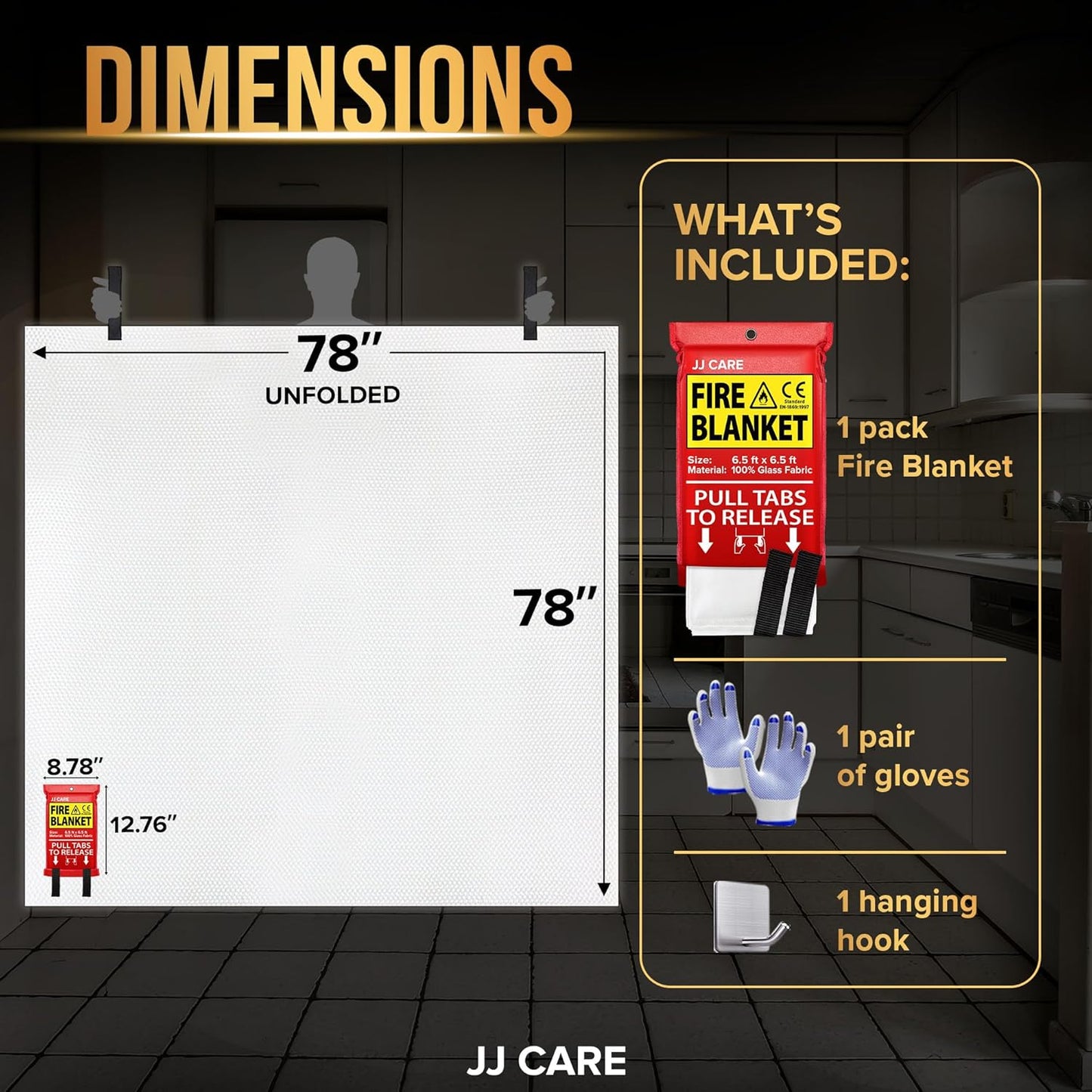 JJ CARE Fire Blanket – (X-Large) 6.5x6.5ft w/Hooks & Gloves, Emergency Fire Blanket for Home & Kitchen, High Heat Resistant Fire Suppression Blankets for Home Safety, Kitchen, Camping
