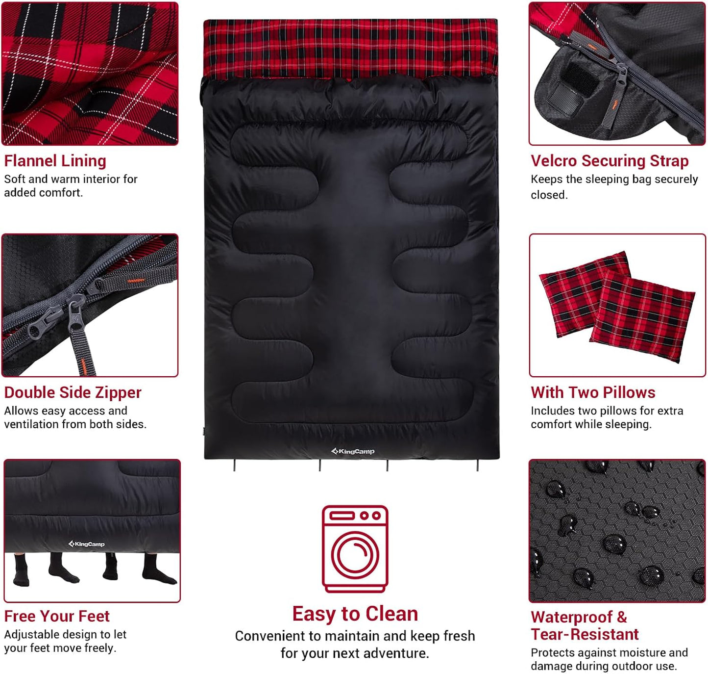 KingCamp Double Sleeping Bag for Adults, Queen Size 2 Person XXL Flannel Sleeping Bag, Waterproof Lightweight Flannel Quilt with 2 Pillows, Perfect for Couples Family Camping Hiking