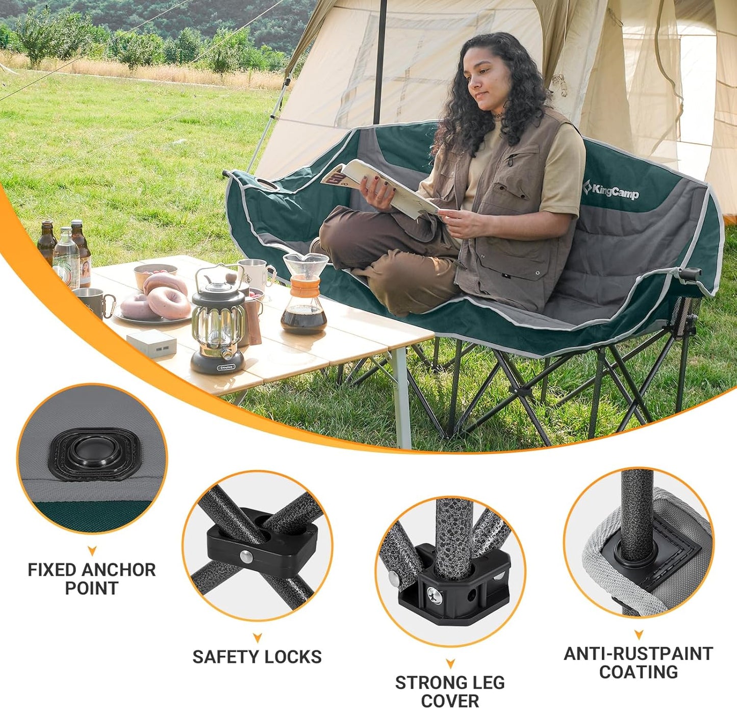 KingCamp 3 Person Camping Chair, Oversized 660lbs Heavy Duty Loveseat for Adults Portable Folding XL 2 Person Couch Padded Comfortable Three Seat with Cup Holder for Outdoor Lawn Backyard, Green/Grey