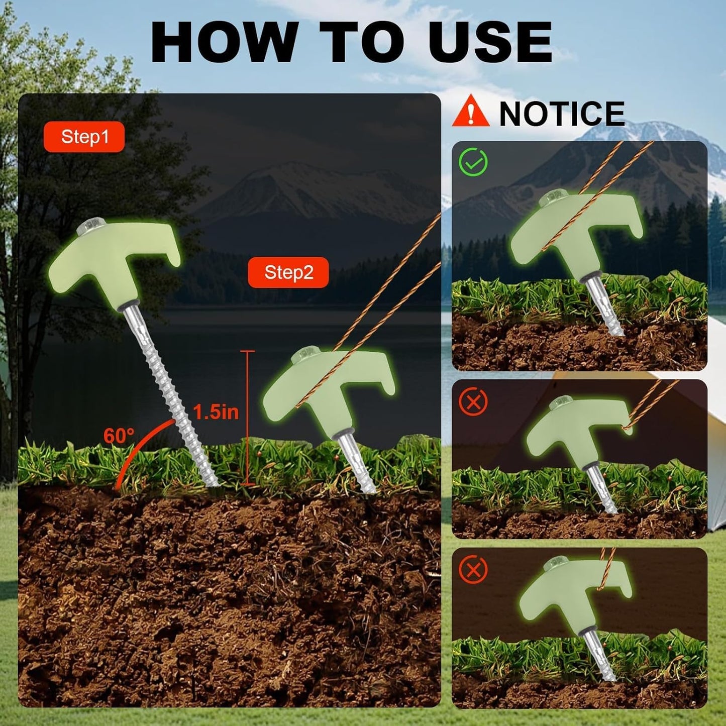 12 Pcs Tent Stakes Heavy Duty, 8 in Ground Anchors Screw in, Grow in the Dark Screw in Tent Stakes, Camping Stakes with Storage Box, Threaded Tent Spikes with Hex Head Driver and Stake Puller