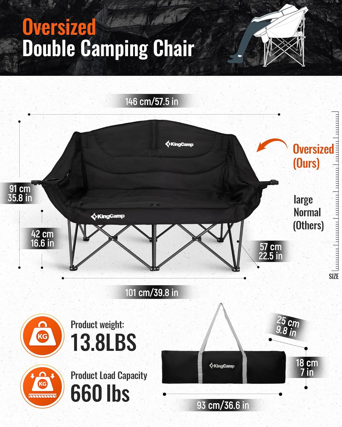 KingCamp Double Camping Chair, Oversized 660lbs Heavy Duty Loveseat for Adults Portable Folding XL 2 Person Couch Padded Comfortable Two Seat with Cup Holder for Outdoor Lawn Backyard, Black