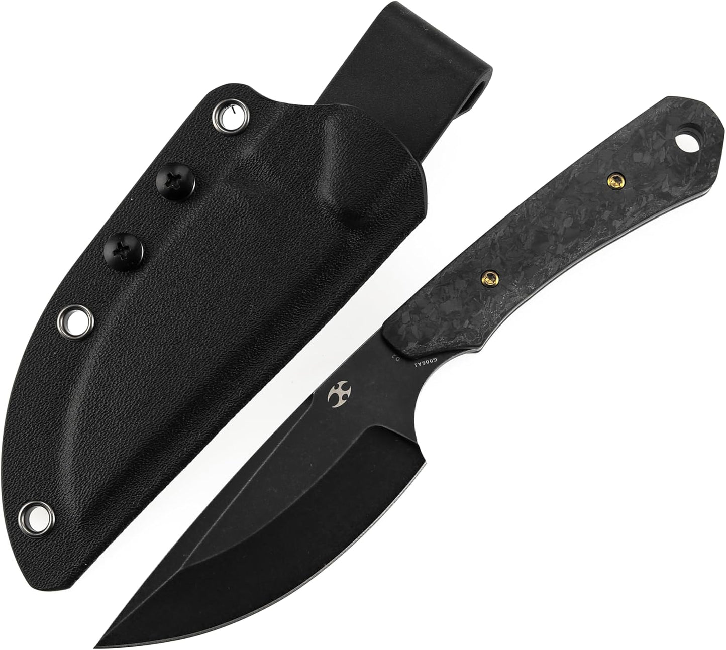 KANSPET Flank Fixed Blade Knife, 3.69" Black Stonewashed Sharp D2 and Shred Carbon Fiber Ergonomics Handle, Adjustable Kydex Sheath for EDC Hunting Survival Camping G006A1