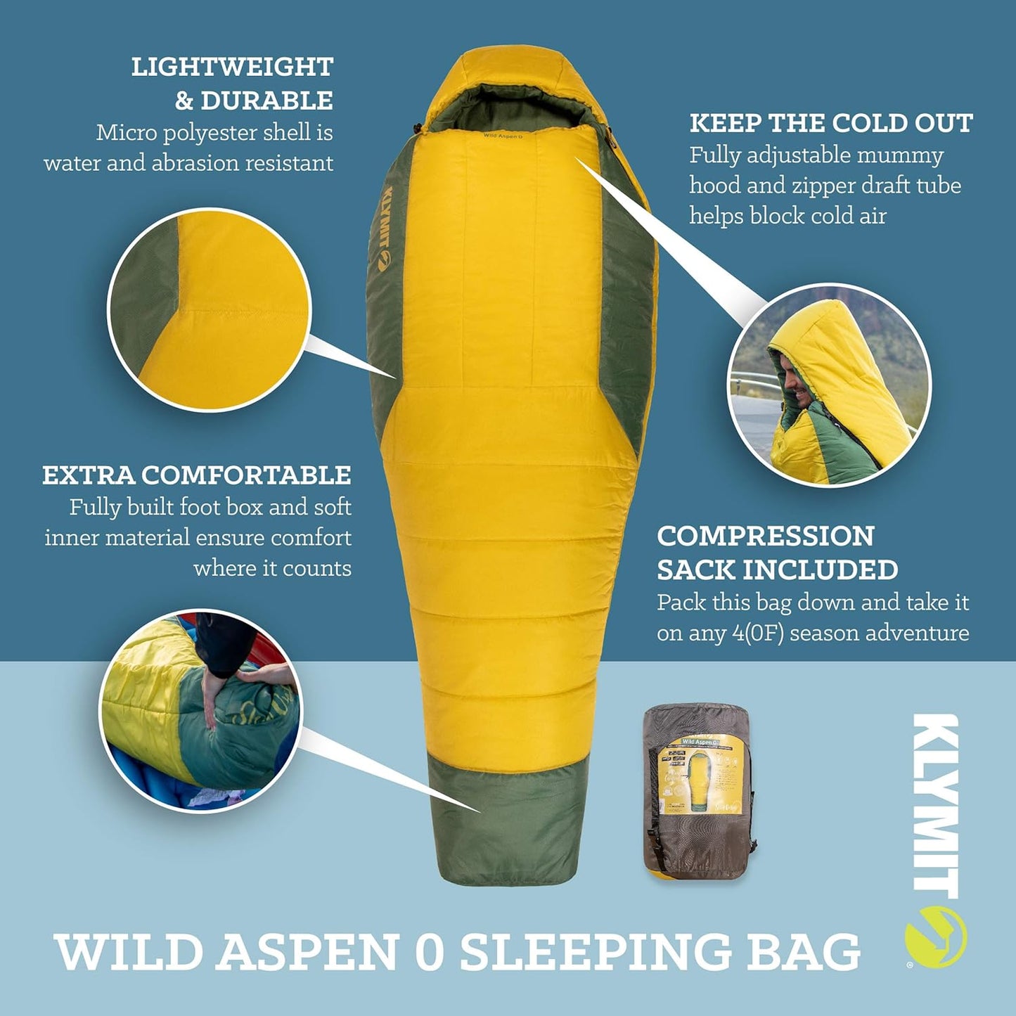 Klymit Sleeping-Bags KLYMIT Wild Aspen Lightweight Mummy Sleeping Bag, Best Gear for Cold Weather Camping, Hiking, Backpacking, Pair with Static V Sleeping Pad (Size Regular to XL)