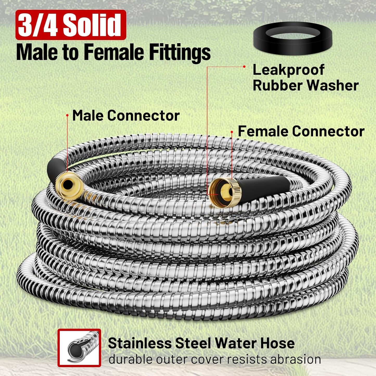 100 ft Garden Hose, Stainless Steel Metal Water Hose 100 Feet with Nozzle, Flexible, Rust Proof, No-Kink, Heavy Duty, Leakproof 3/4 in Fittings, Lightweight Metal Hose, BT100S Model