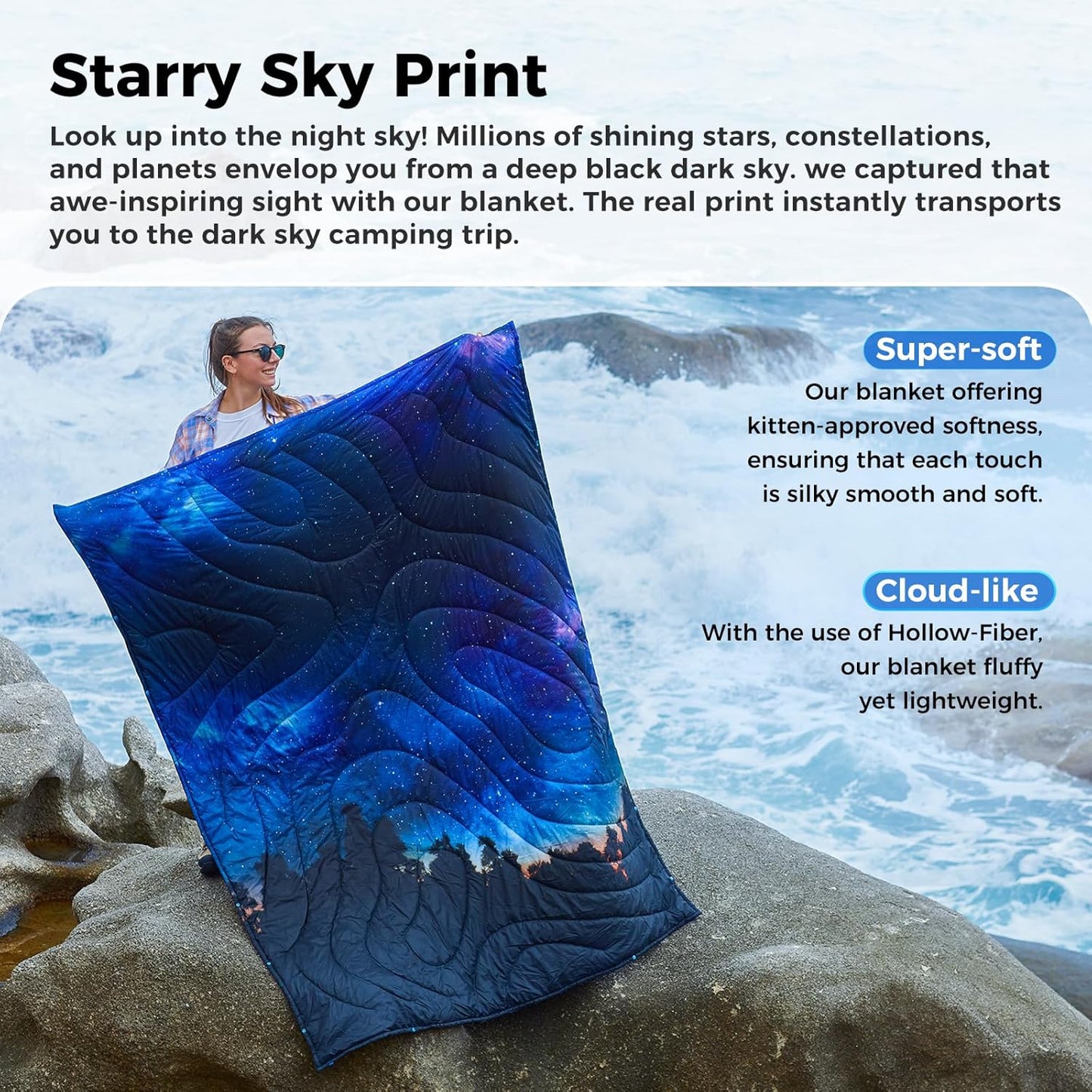 KingCamp Ultralight Camping Blanket, Packable Down Alternative Puffy Printed Wearable Blanket with Snap Buttons & Corner Loops Weatherproof Quilt for Outdoor Travel Stadium (79"L x 57"W, STARRYSKY)