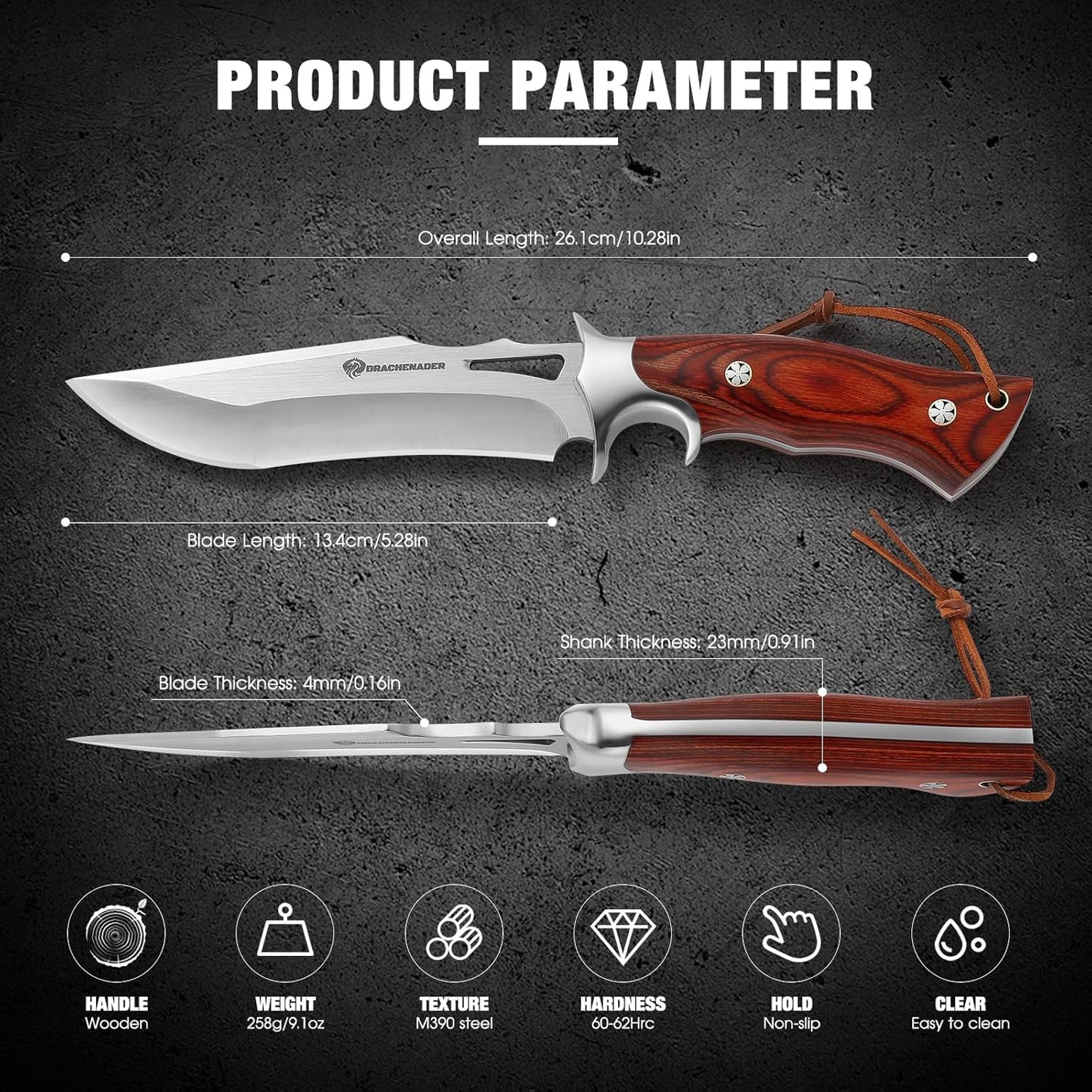 10.24" M390 Knives Hunting Knife Fixed Blade with Leather Sheath, Bushcraft Full Tang Knife Non-slip Red Coloured Wooden Handle