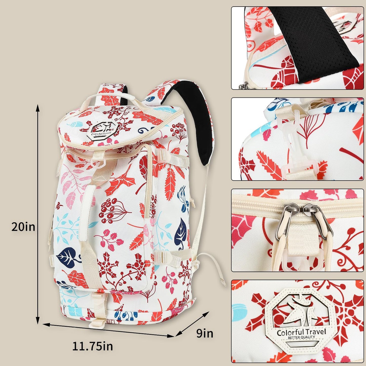 Kalesi Floral Gym Duffle Bag Backpack 4 ways for Women Waterproof with Shoes Compartment for travel Sport Hiking laptop Lightweight, XL