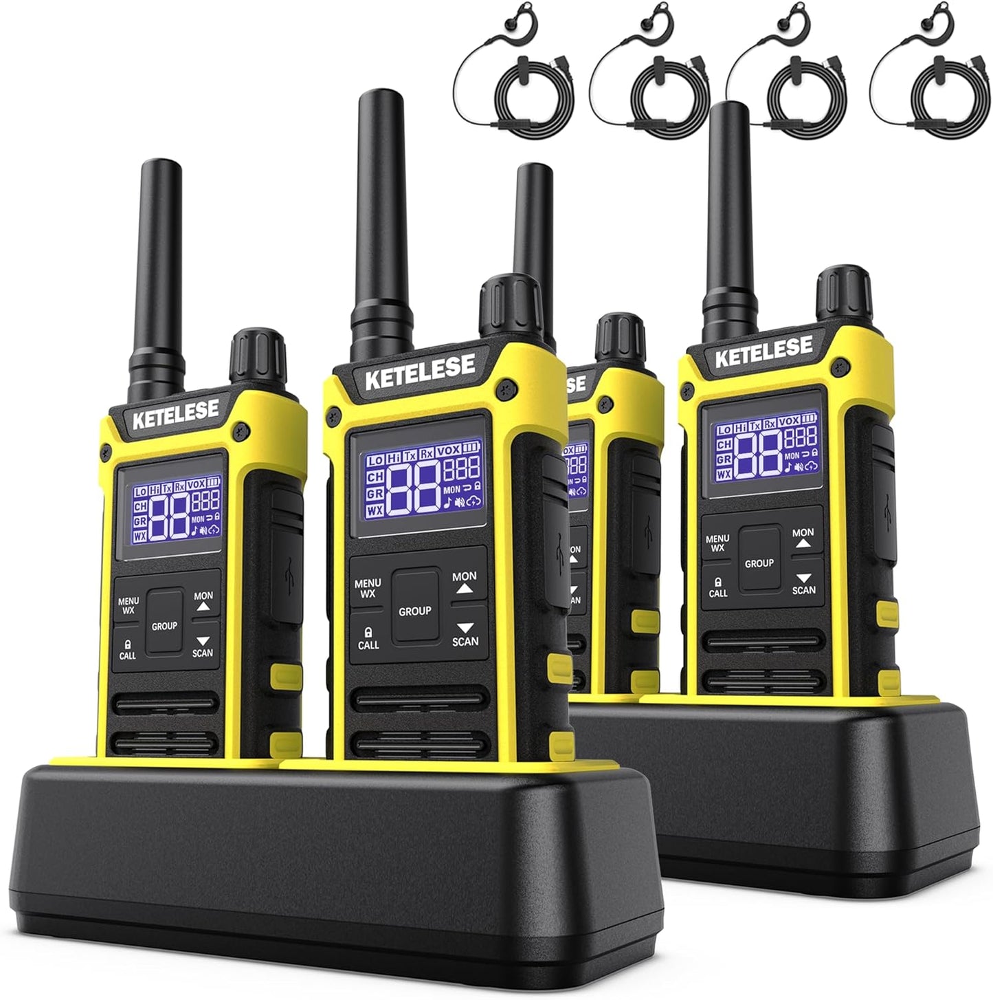 KETELESE T3F IP67 Waterproof Two Way Radios, FRS Walkie Talkie 4 Pack with Earpieces,USB C Charge Dock,Group Talk,Flashlight,VOX,Weather Alert, for Adults, Black/Yellow
