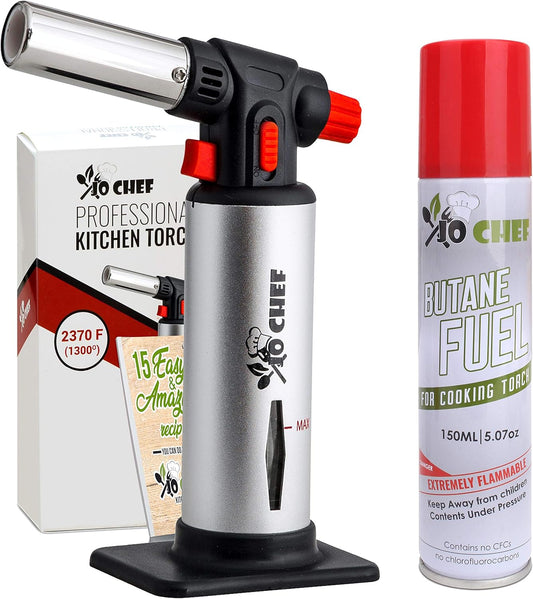 Jo Chef Kitchen Torch with Butane Included – Refillable Lighter with Safety Lock & Adjustable Flame, Blow Culinary Torch for Cooking, BBQ, Creme Brulee, DIY and Soldering - 1 Can (5.07oz) Included