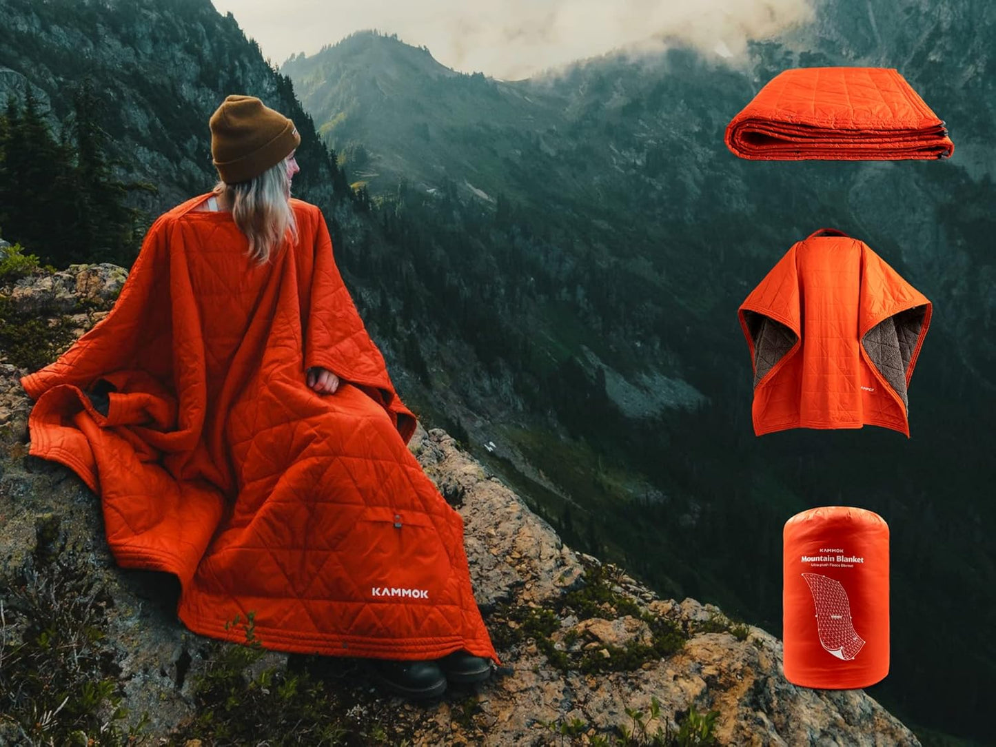 KAMMOK Mountain Blanket - Ultra-Plush Fleece, Water Resistant, Portable, Durable, Indoor/Outdoor Camp Blanket (84 in × 50 in) - Ember Orange