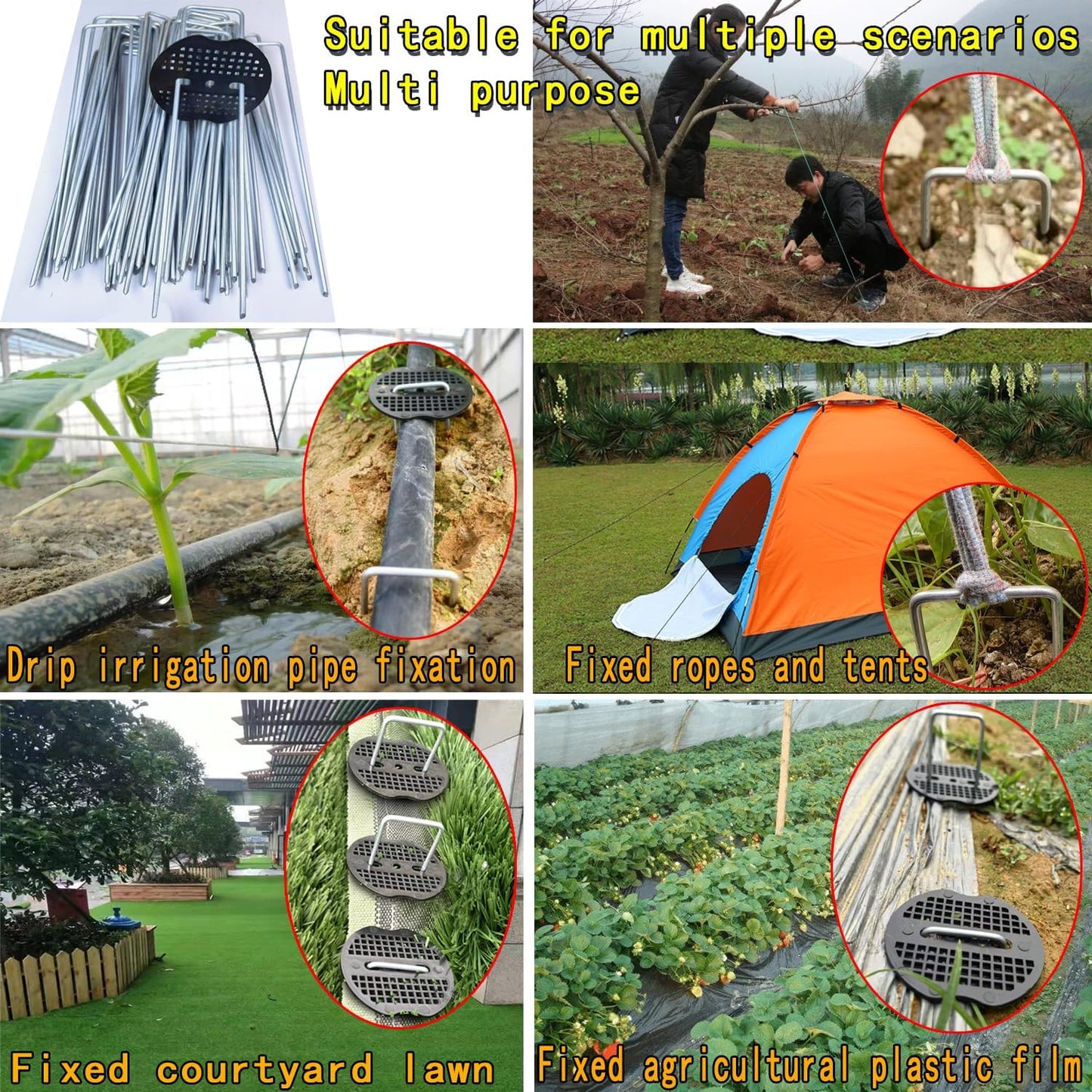 100Pcs Landscape Staples with 100 Gasket with 1Pick Hook, 6 Inch Heavy Duty Garden Stakes 11 Gauge U Shaped Galvanized Lawn Pins for Weed Barrier Fabric