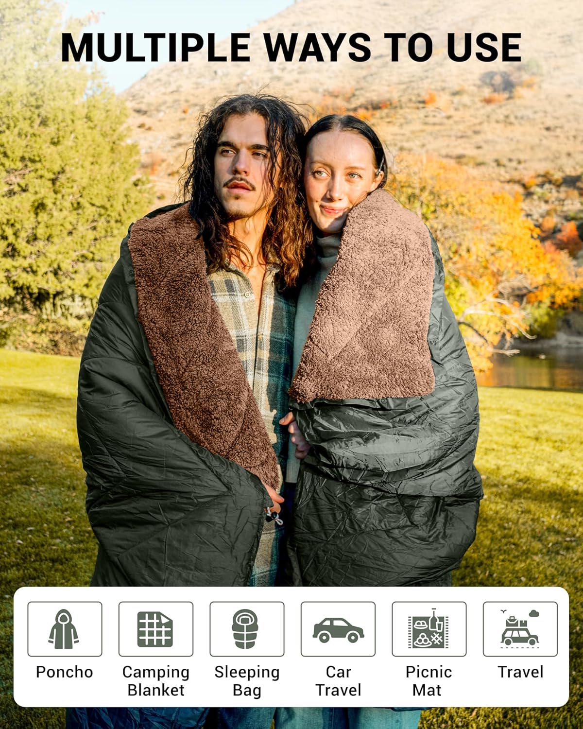 KingCamp Large Camping Blanket with Sherpa Lining, Packable Down Alternative Puffy Printed Wearable Blanket with Snap Buttons, Warm Weatherproof Quilt for Outdoor Travel (79" L x 57" W, Khaki/Olive)