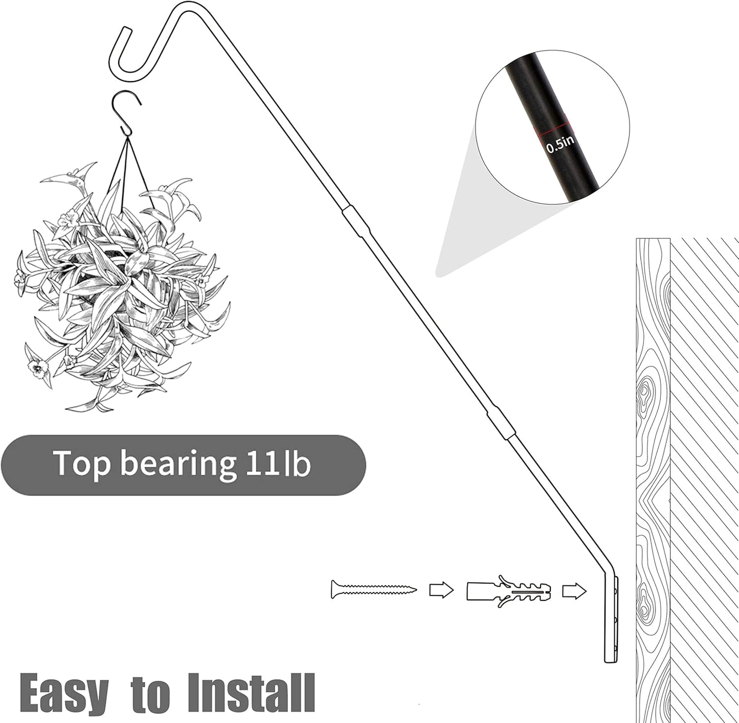 Juegoal 2 Pack Heavy Duty Deck Hook, 25 Inch or 36 Inch Wall Mounted Extended Reach Deck Hook Wall Pole Plant Bracket for Hanging Bird Feeder, Plants, Suet Baskets, Lanterns, Wind Chimes