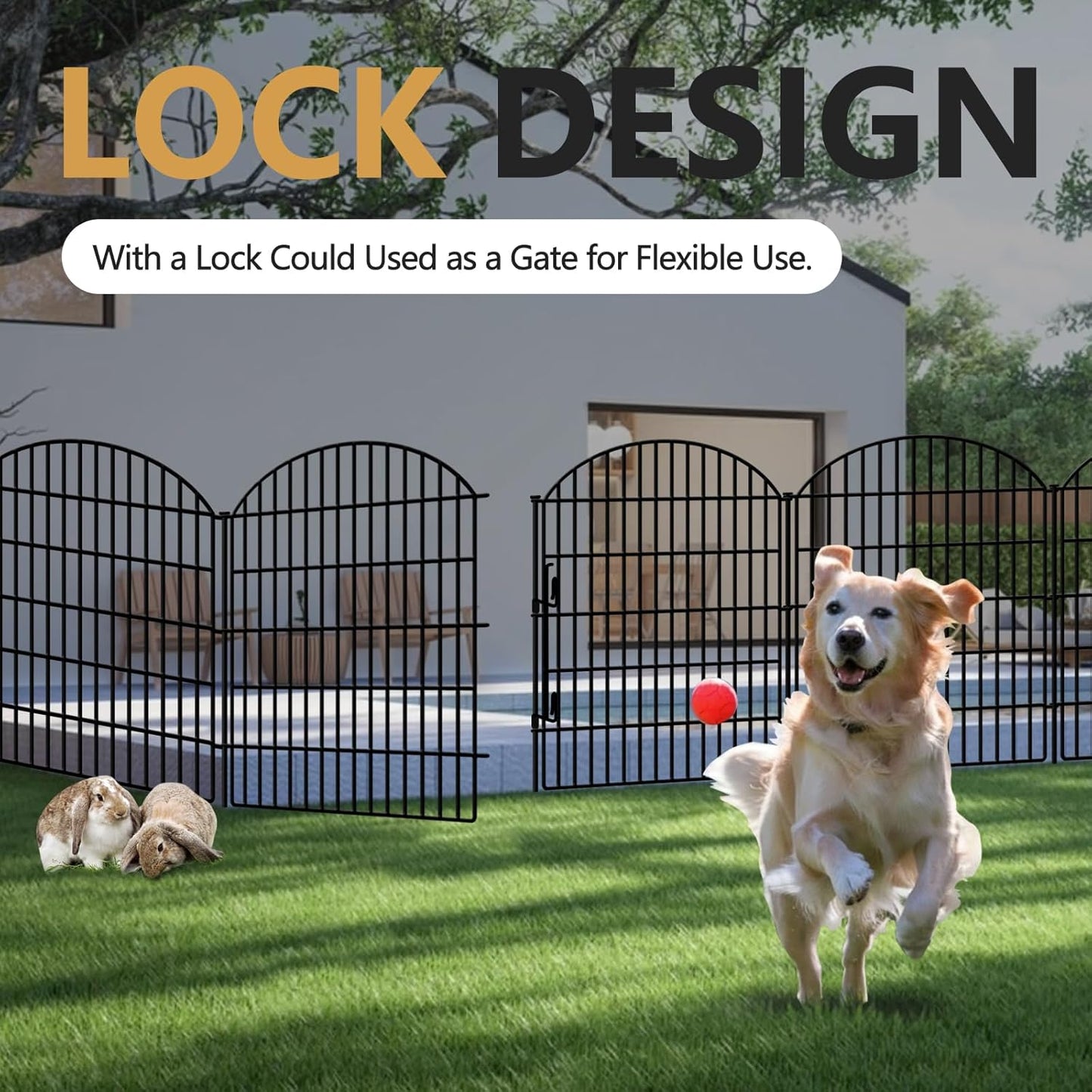 10 Panels Decorative Garden Fencing with Lock, 33in (H) x 22.31ft (L) No Dig Dog Fence Outdoor for Yard, Animal Barrier Rustproof Metal Temporary Panel Border for Rabbit, Dog and Patio Camping