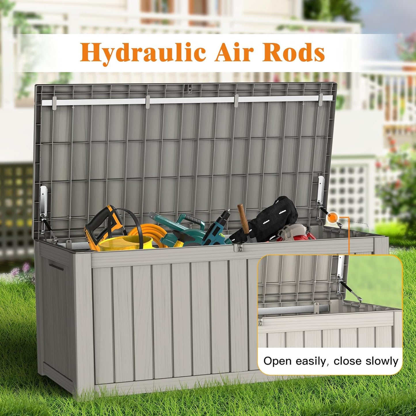 119 Gallon Outdoor Storage Box, Waterproof Deck Box with Handles and Lockable Lid, Resin Patio Storage Box with Hydraulic Rods for Garden Tools, Cushions, Grey