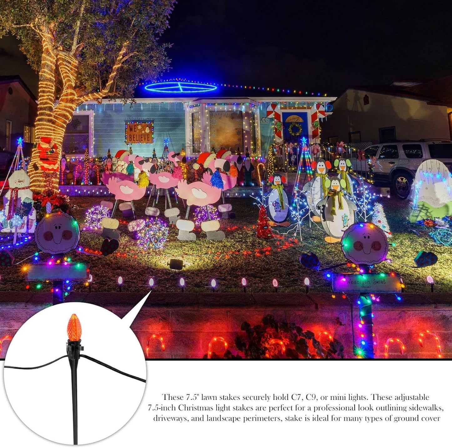 Jetec 400 Pieces Christmas Light Stakes Universal Yard Lawn Holiday 7.5 Inches Light Ground Stakes for C7 C9 String Lights Christmas Outdoor Lights Holders on Yards, Driveways (Black)