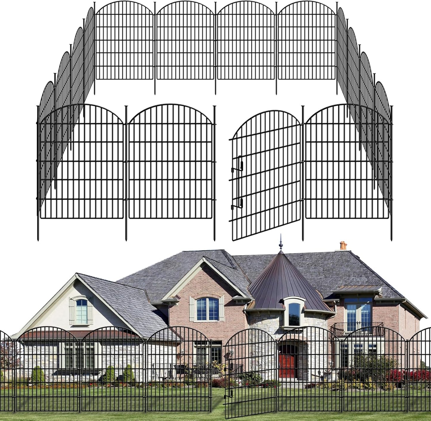 10 Panels Decorative Garden Fence with Lock, 40in (H) X 22.31ft (L) No Dig Dog Fences Outdoor for Yard, Rustproof Tall Animal Barrier Fencing, Metal Panels Suitable for Yards Border, Patio Use