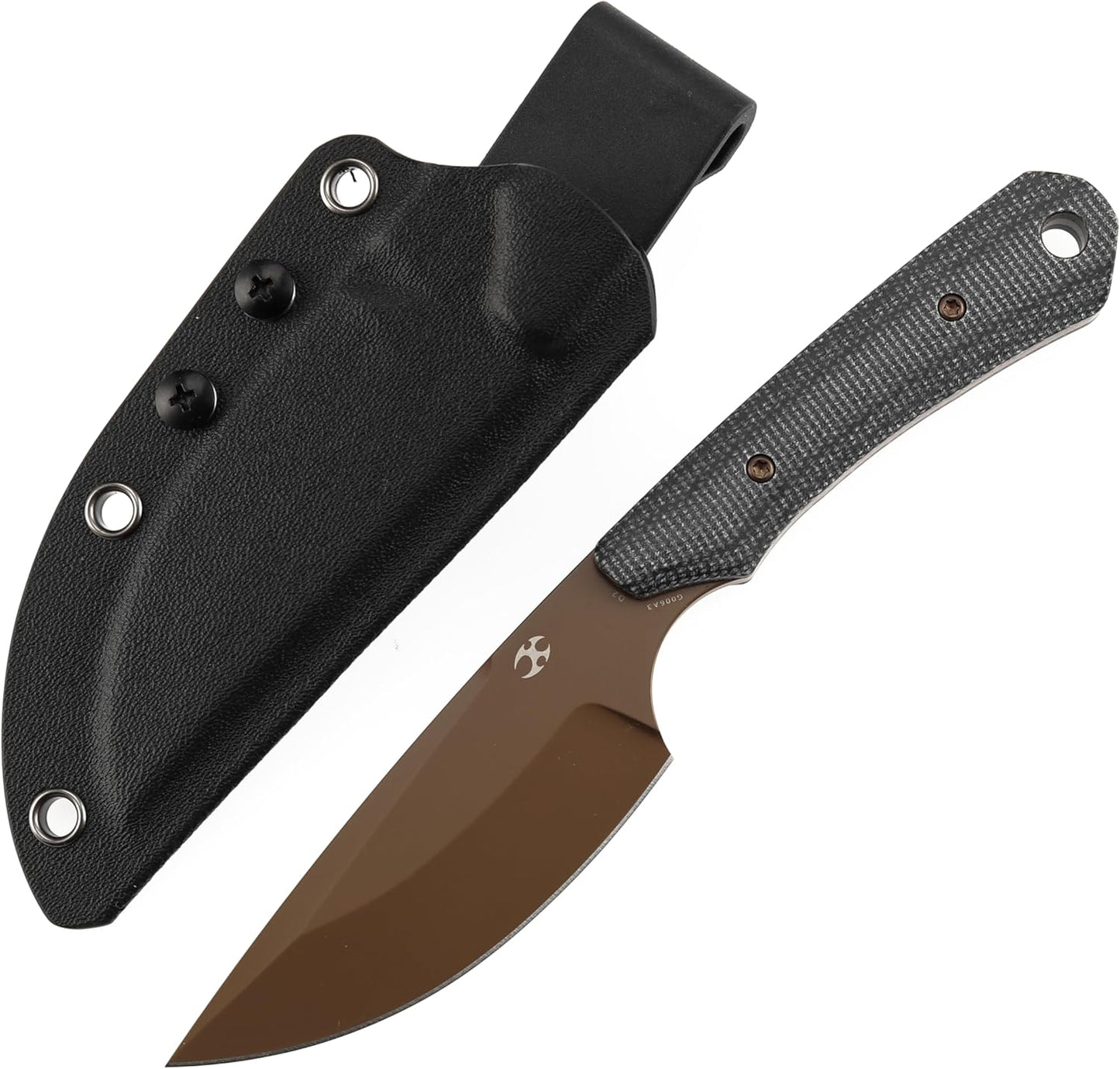 KANSPET Flank Fixed Blade Knife, 3.69" Rose Gold Coated Sharp D2, Black Micarta Ergonomics Handle, Adjustable Kydex Sheath for EDC Hunting Survival Camping G006A3