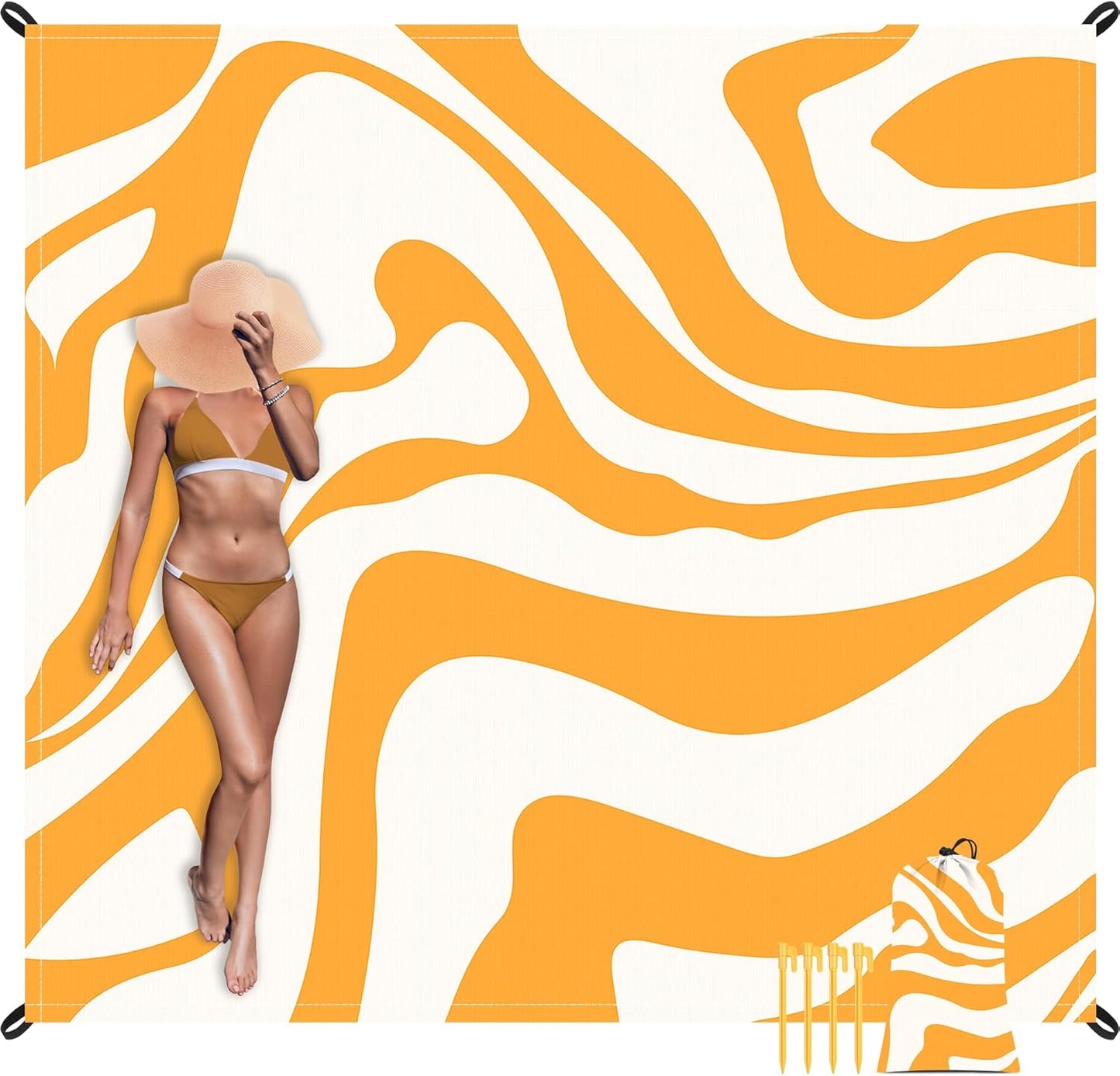 110''×118'' Extra Large Waterproof Sandproof Beach Blanket 8 Adults, Sand Free Outdoor Beach Mat with 4 Stakes & Pockets, Big Compact Picnic Blanket, Essential for Travel, Camping, Summer Vocation