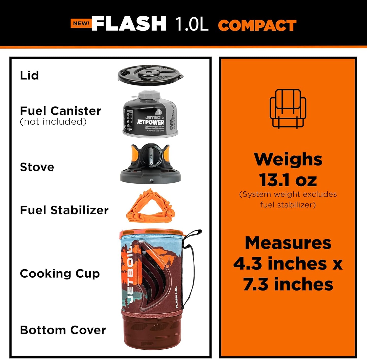 Jetboil Flash 1.0L Portable Fast Boil Stove for Camping and Backpacking with 1-Step Auto Ignition, New for 2025, Propane/Isobutane Burner with Cooking Cup