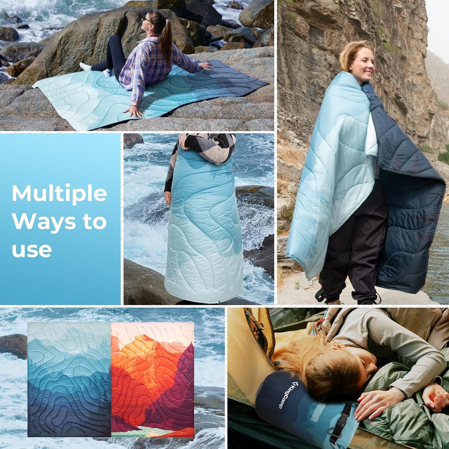 KingCamp Ultralight Camping Blanket, Packable Down Alternative Puffy Printed Wearable Blanket with Snap Buttons & Corner Loops Weatherproof Quilt for Outdoor Travel Stadium (79"L x 57”W, CYAN)