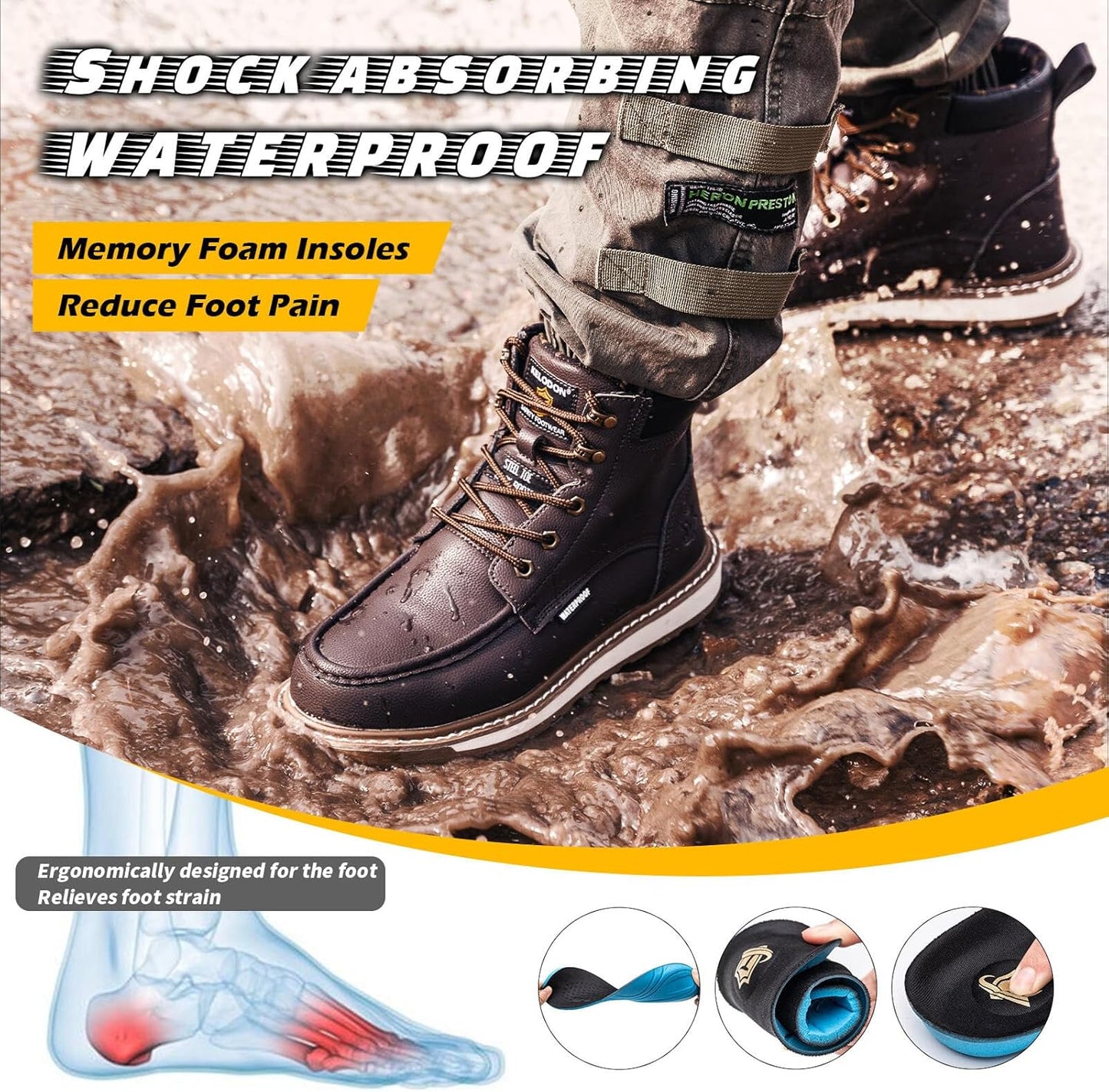 KELODON Waterproof Steel Toe Boots For Men-6" Leather Moc Toe Work Boots Mens Steel Toe Shoes Indestructible Non Slip Resistant Construction Safety Boot