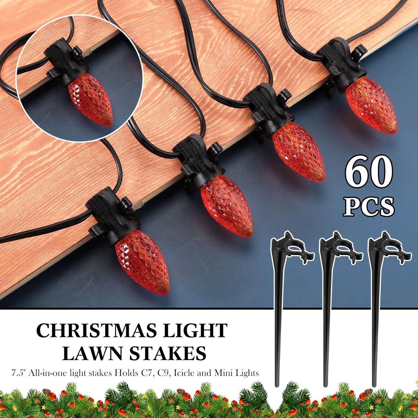 Jetec 60 Pieces Christmas Light Stakes Universal Yard Lawn Holiday 7.5 Inches Light Ground Stakes for C7 C9 String Lights Christmas Outdoor Lights Holders on Yards, Driveways (Black)