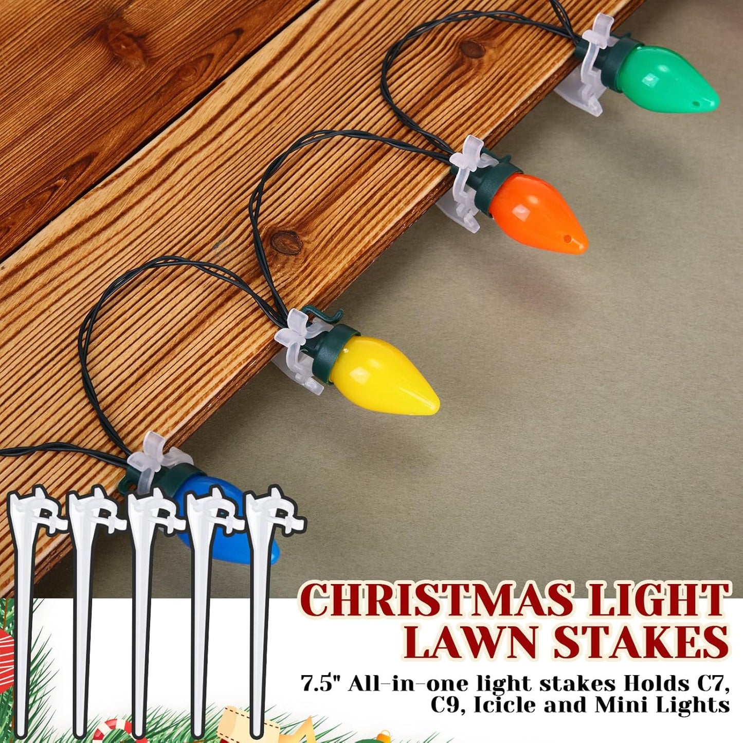 Jetec 400 Pieces Christmas Light Stakes Universal Yard Lawn Holiday 7.5 Inches Light Ground Stakes for C7 C9 String Lights Christmas Outdoor Lights Holders on Yards, Driveways (Clear)