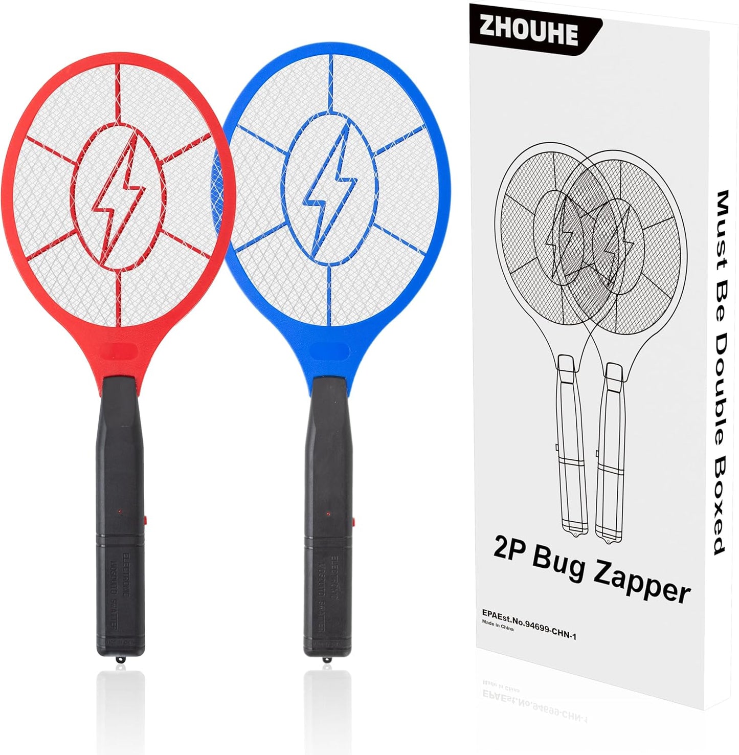 ZhouHe Pack of 2 Electric Fly Swatter Bug Zapper Battery Operated Flies Killer Indoor & Outdoor Pest Control Mosquito Zapper and Insect Catcher Racket（red＆Blue）