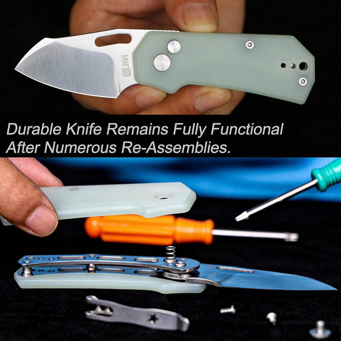 JIN Rhino Small Pocket Knife for Men, Button Lock EDC, Folding Knife Kit, 2" 9Cr18Mov Satin Blade, Jade G10 Handle, Gift for Men Women, Razor Sharp Camping Knives