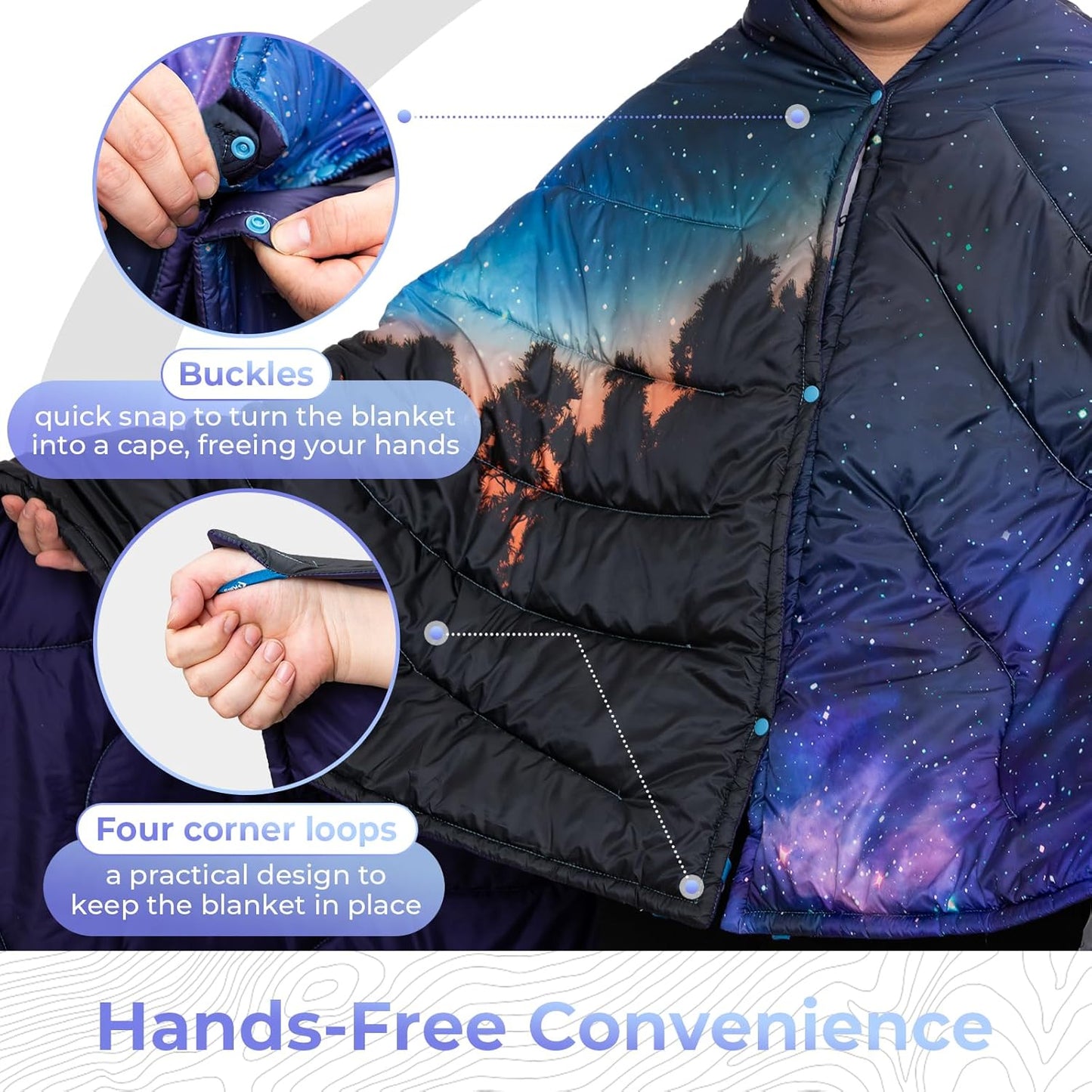 KingCamp Ultralight Camping Blanket, Packable Down Alternative Puffy Printed Wearable Blanket with Snap Buttons & Corner Loops Weatherproof Quilt for Outdoor Travel Stadium (79"L x 57"W, STARRYSKY)