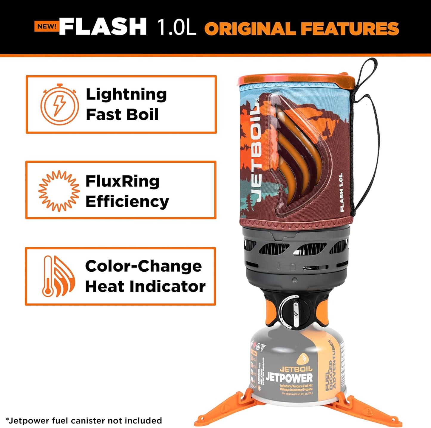 Jetboil Flash 1.0L Portable Fast Boil Stove for Camping and Backpacking with 1-Step Auto Ignition, New for 2025, Propane/Isobutane Burner with Cooking Cup