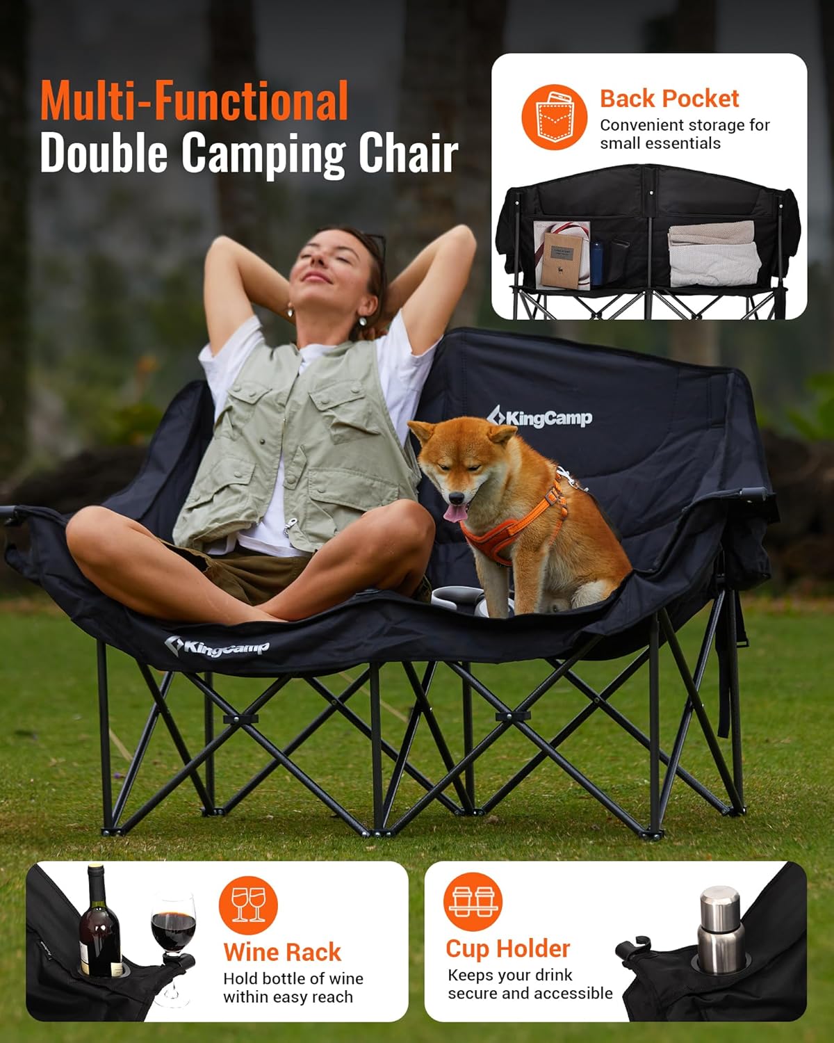 KingCamp Double Camping Chair, Oversized 660lbs Heavy Duty Loveseat for Adults Portable Folding XL 2 Person Couch Padded Comfortable Two Seat with Cup Holder for Outdoor Lawn Backyard, Black