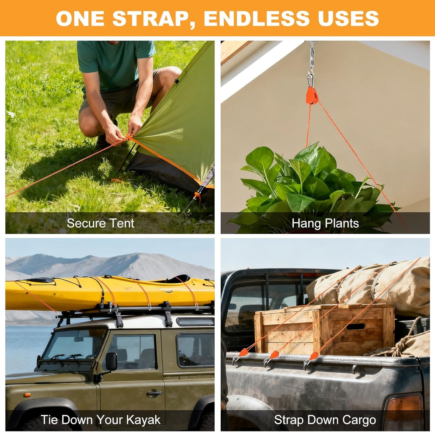 13ft Adjustable Outdoor Windproof Rope Ratchet Strap Tie Down Straps Small Mini Reflctive Paracord Rope Tent Hanger Grow Light Kayak 5/32" Orange 6 Pack