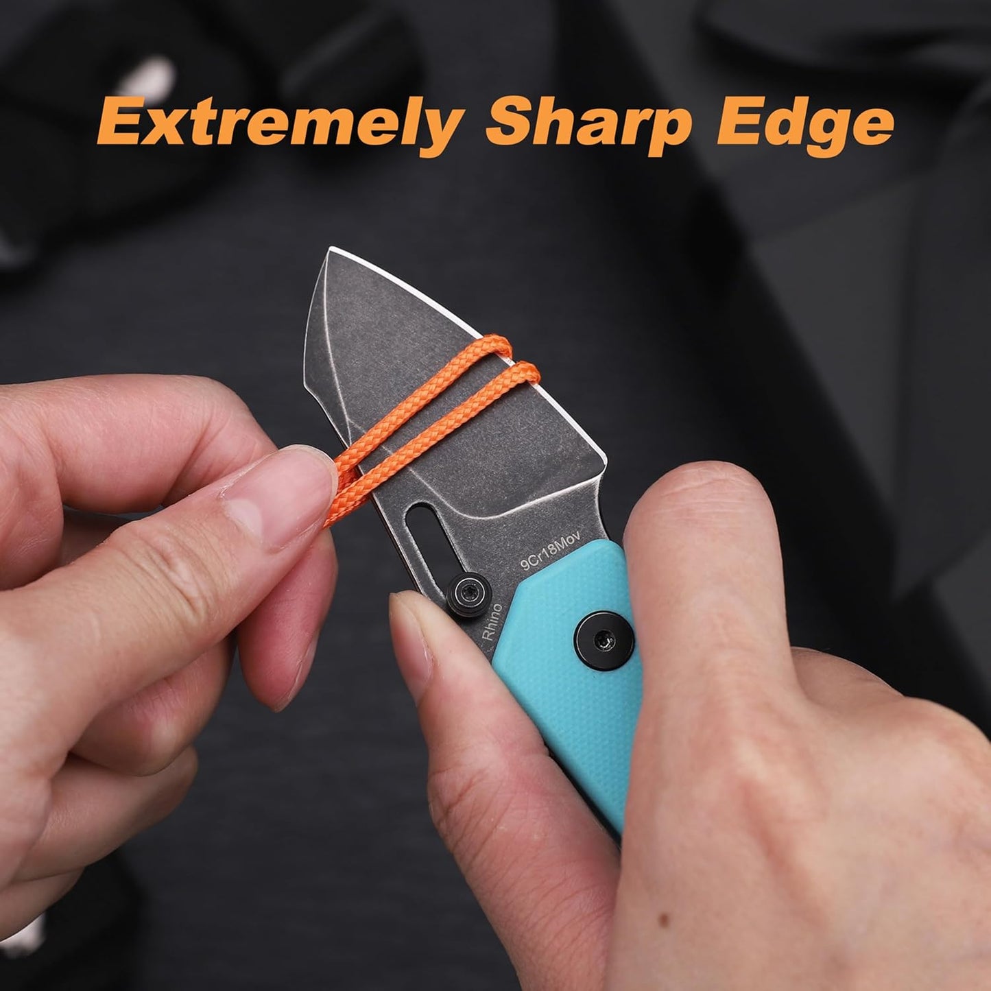 JIN Rhino Pocket Knife, Button Lock Folding EDC Knife Kit, 2" 9Cr18MoV Steel Blade, Stonewash Finish, Blue G10 Handle