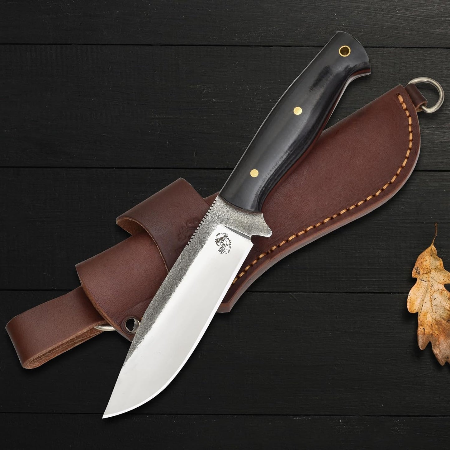 Knives Ranch 10-1/2" Outdoor Knife - 59 Hardness - 440C Stainless Steel - Excellent Edge Retention, Burlap Micarta Handle & Genuine Leather Sheath (3095C-M)