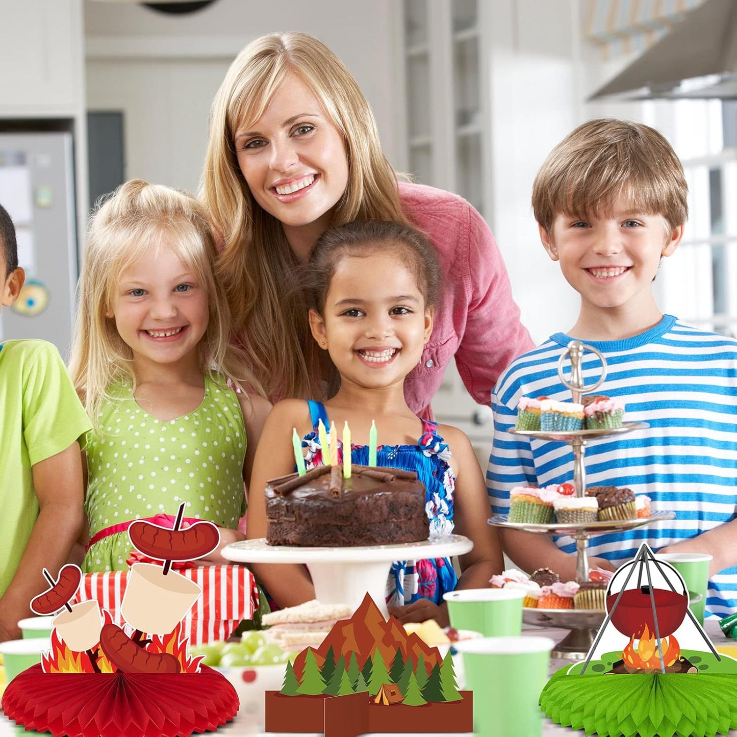 12 Pieces Camping Honeycomb Centerpieces Camping Decorations Party Supplies Campfire Table Centerpieces Adventure Cake Toppers Bears Tent 3D Photo Props Decorations