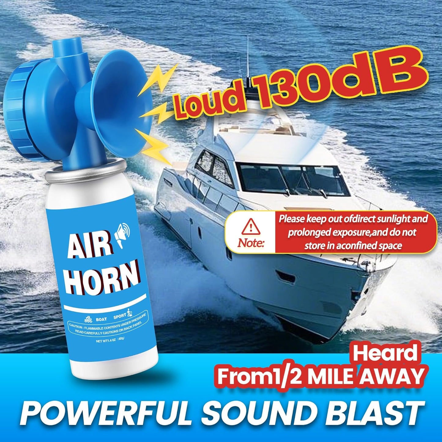 1.4oz Boat Air Horn, 130DB Heard Up to 0.5-Miles Away,Handheld Mini Marine Fog Horn Blow Horn Boat Accessories,Loud Bear Air Horns Can for Safety,Outdoor Alarms,Sporting Events,Blue