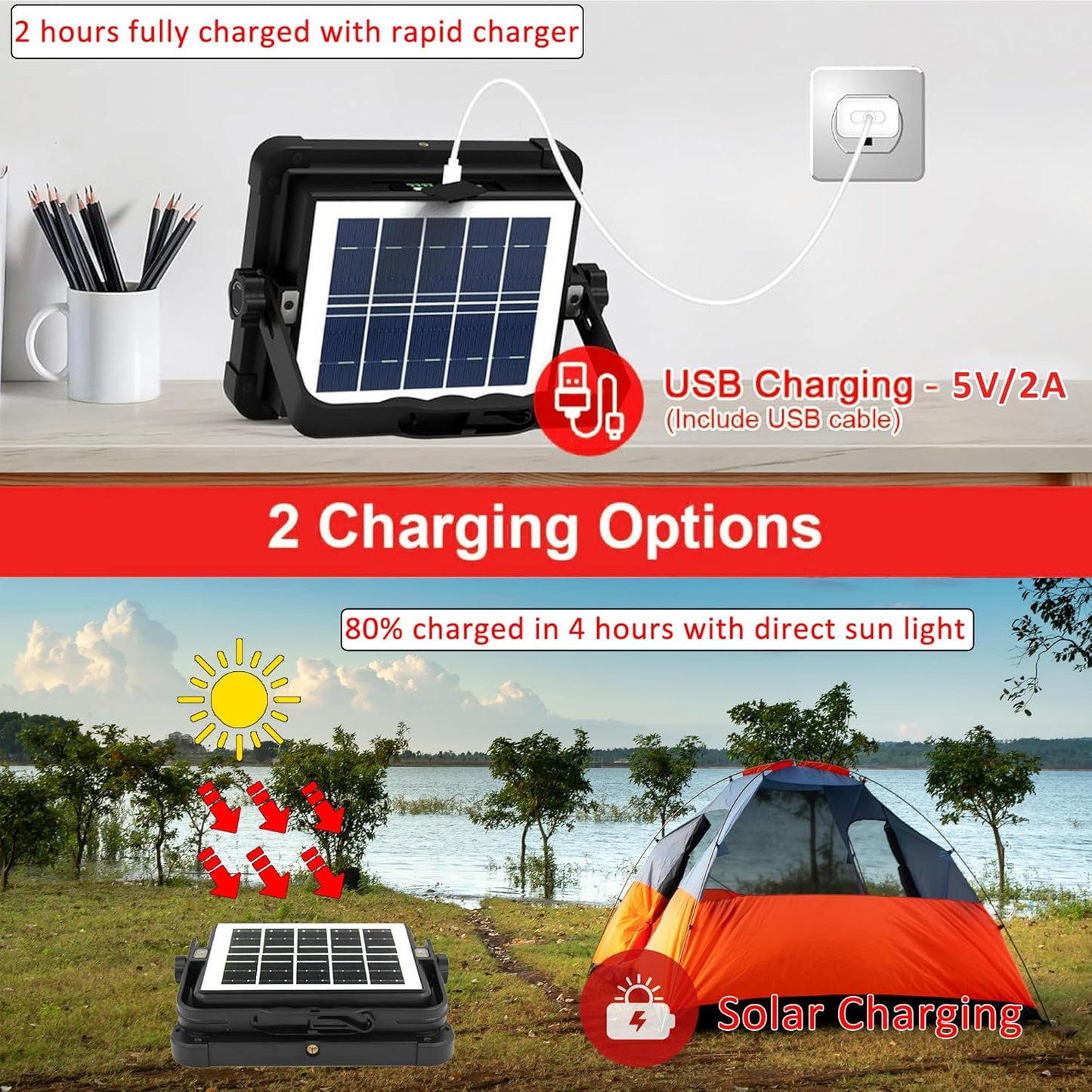 100W Portable Rechargable Solar Panel LED Work Light with 3 Brightness Level, 10000LM 8400mAh IP66 Waterproof Outdoor Flood Light