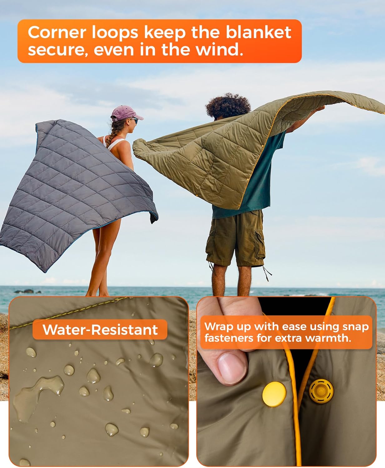 KingCamp Ultralight Camping Blanket, Packable Down Alternative Puffy Wearable Blankets Weatherproof Warm Package Quilt with Snap Buttons for Outdoor Hiking Travel Picnic Stadium (69" L x 53", Olive)