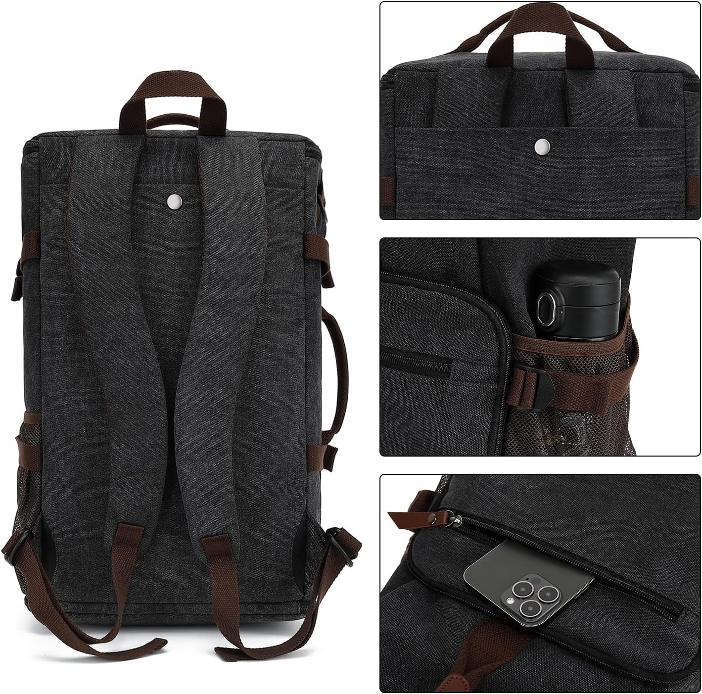 Kalesi Gym Duffle Bag Backpack 4-Way Vintage canvas with Shoes Compartment for travel Sport Hiking laptop (Vintage black)