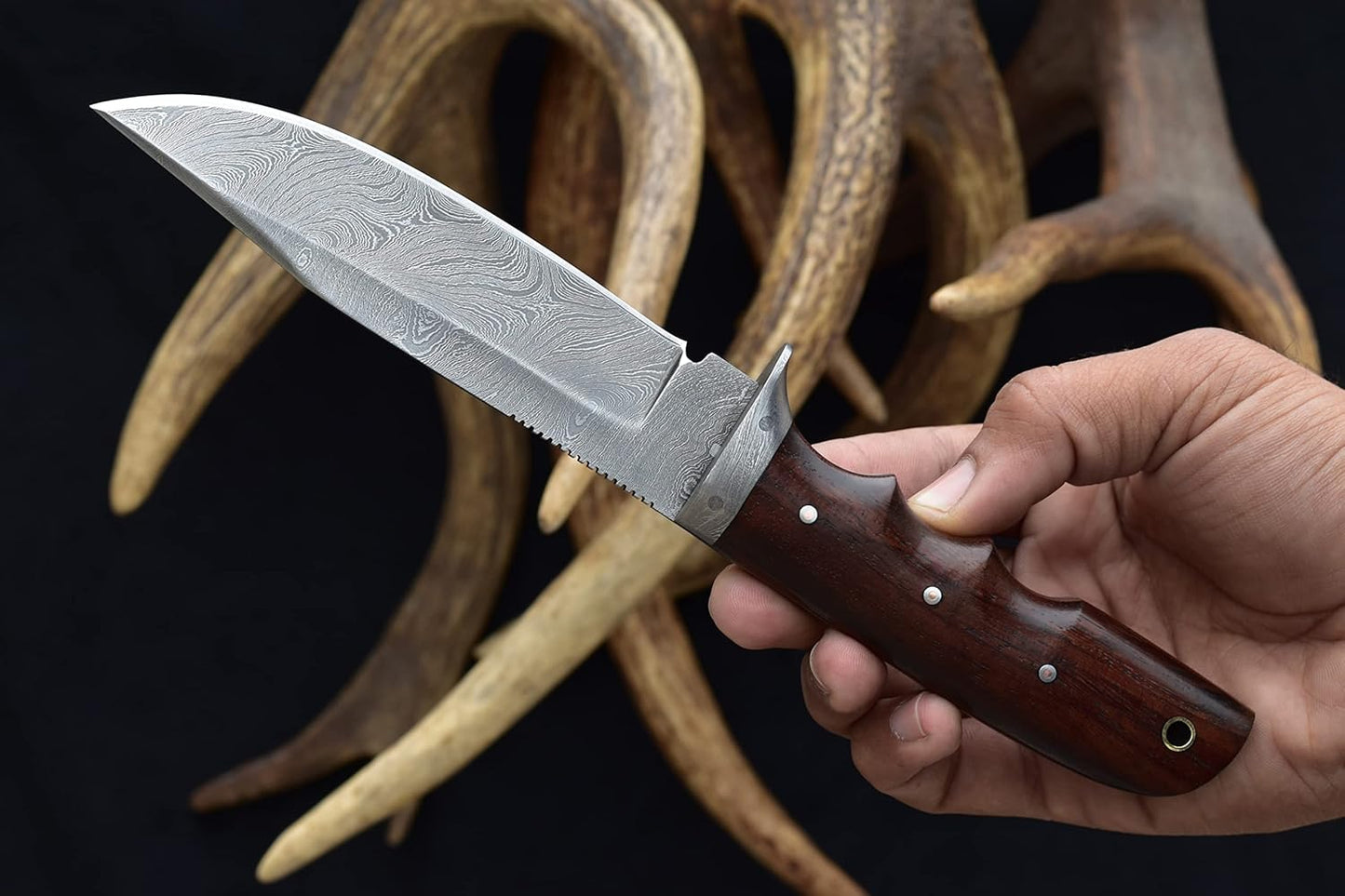 Knives Ranch 9-1/2" Handmade Hunting Knife- Full Tang Damascus Bushcraft Camping Knife- Rosewood Handle-Heavy Duty Leather Sheath (2151-IRW)