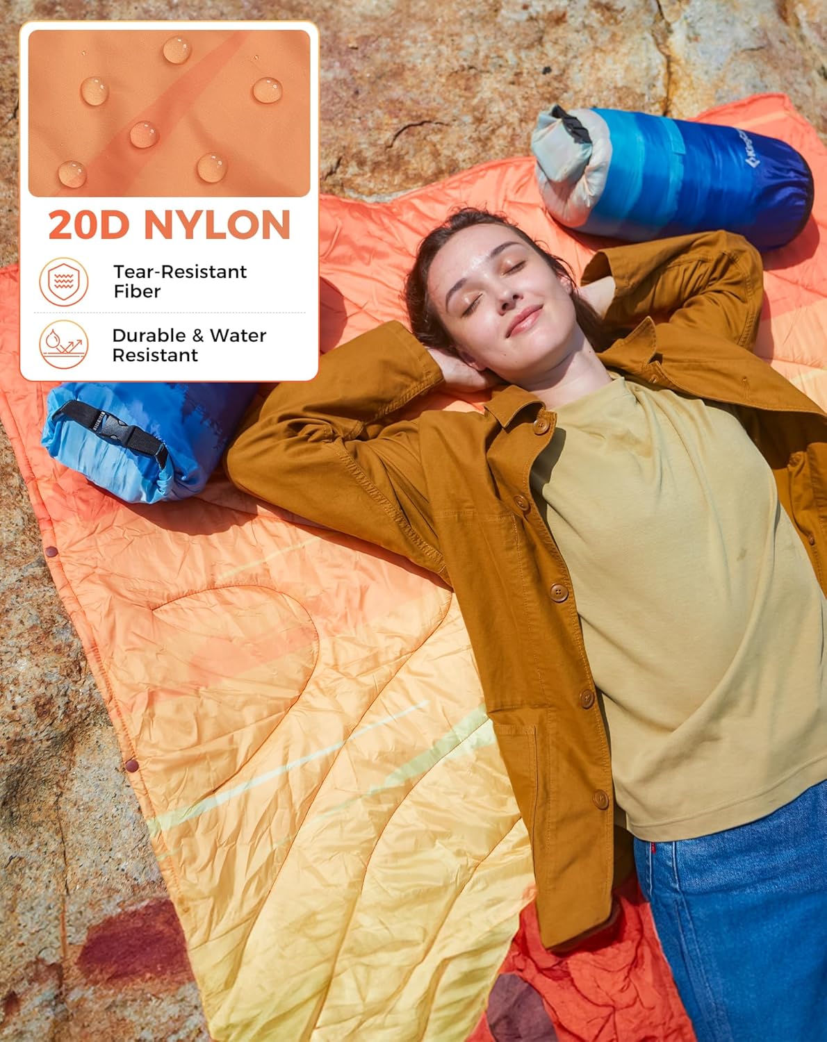 KingCamp Ultralight Camping Blanket, Packable Down Alternative Puffy Printed Wearable Blanket with Snap Buttons & Corner Loops Weatherproof Quilt for Outdoor Travel Stadium (79" x 57", Cactus)