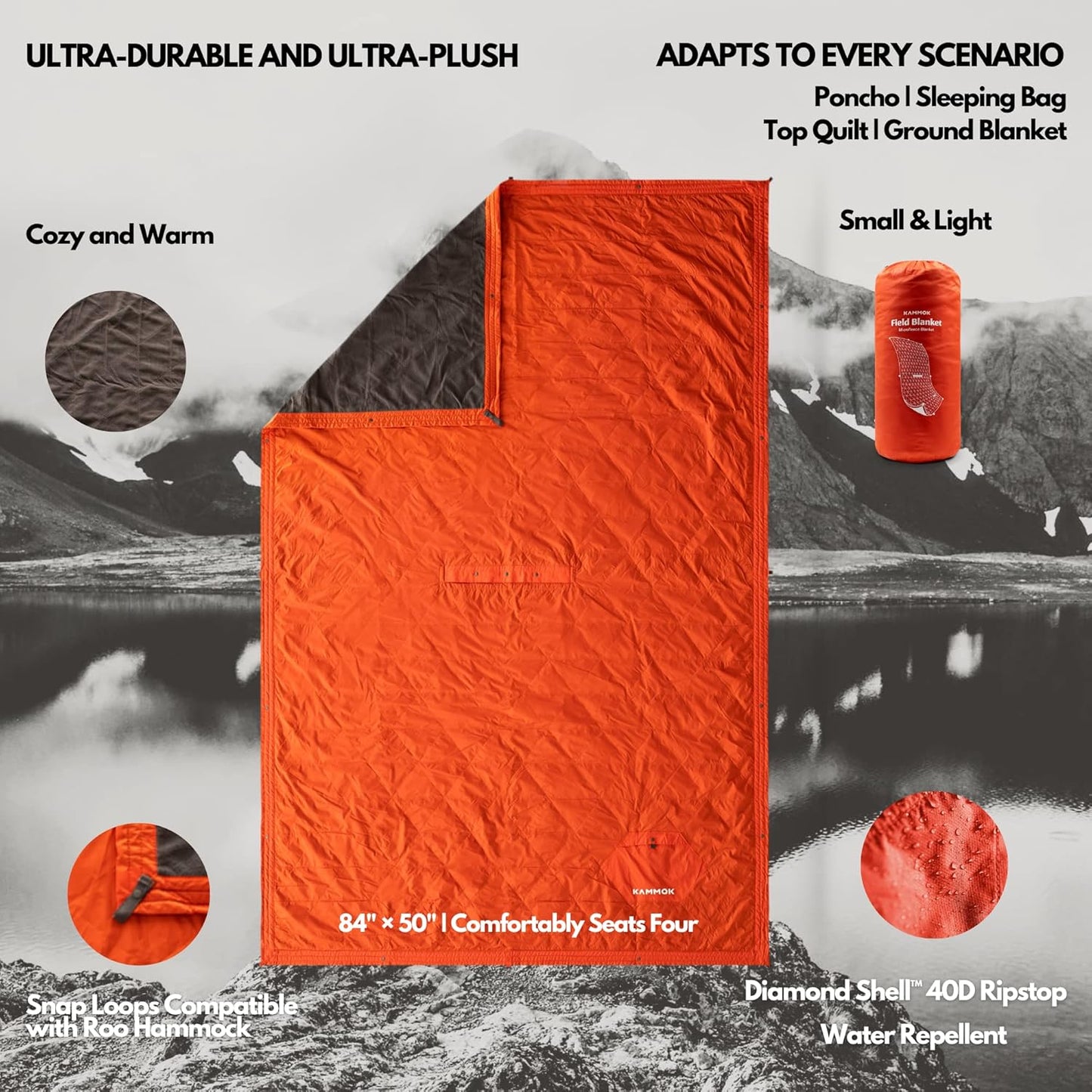 KAMMOK Field Blanket - Microfleece, Water Resistant, Portable, Durable, Indoor/Outdoor Camp Blanket (84 in × 50 in) - Granite Gray