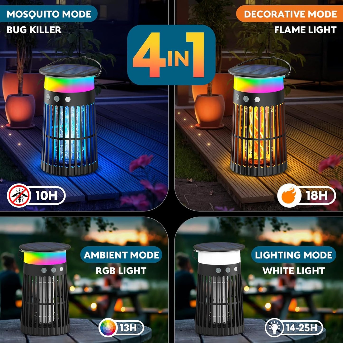 Solar Bug Zapper Outdoor, 5-in-1 Mosquito Zapper 4200V with Flame Light Mode, Waterproof Portable Fly Zapper, Electric Cordless Fly Insect Mosquitoes Trap Killer for Patio Yard Home Camping Party